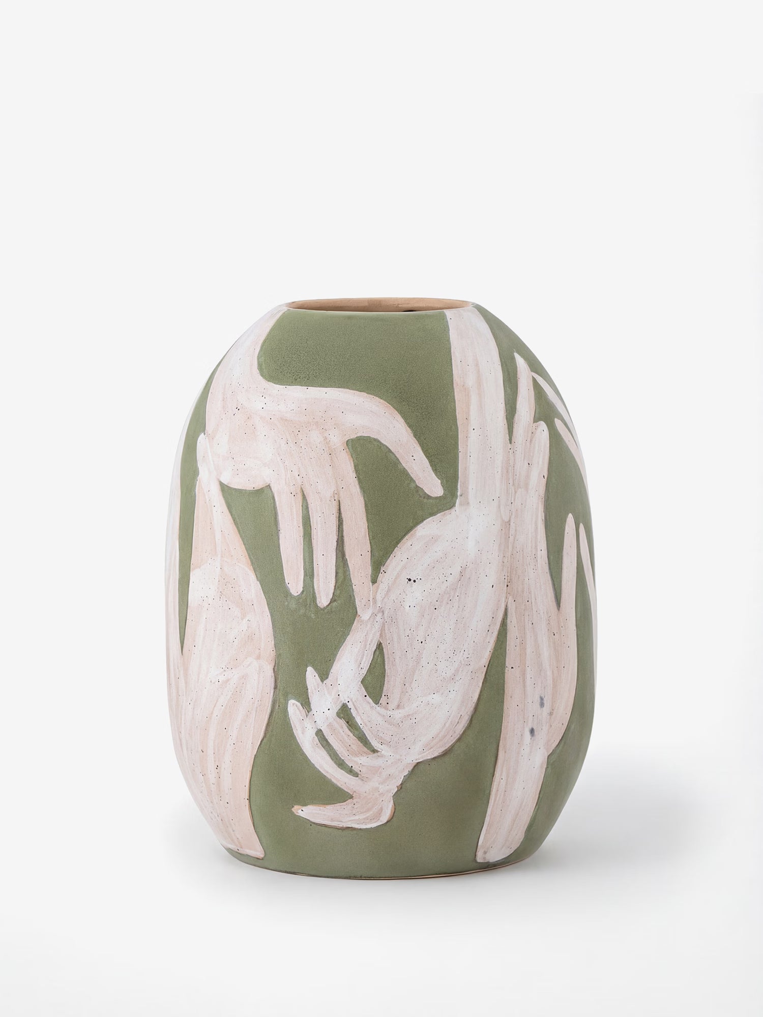 Adalena Dekovase aus grünem Steinzeug mit Kunstmotiv