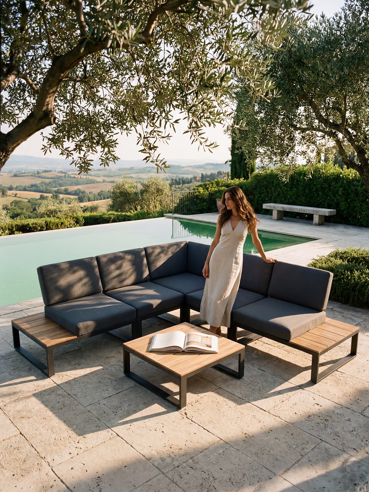Orion Set lounge angular de exterior de acacia y aluminio antracita con mesa de centro