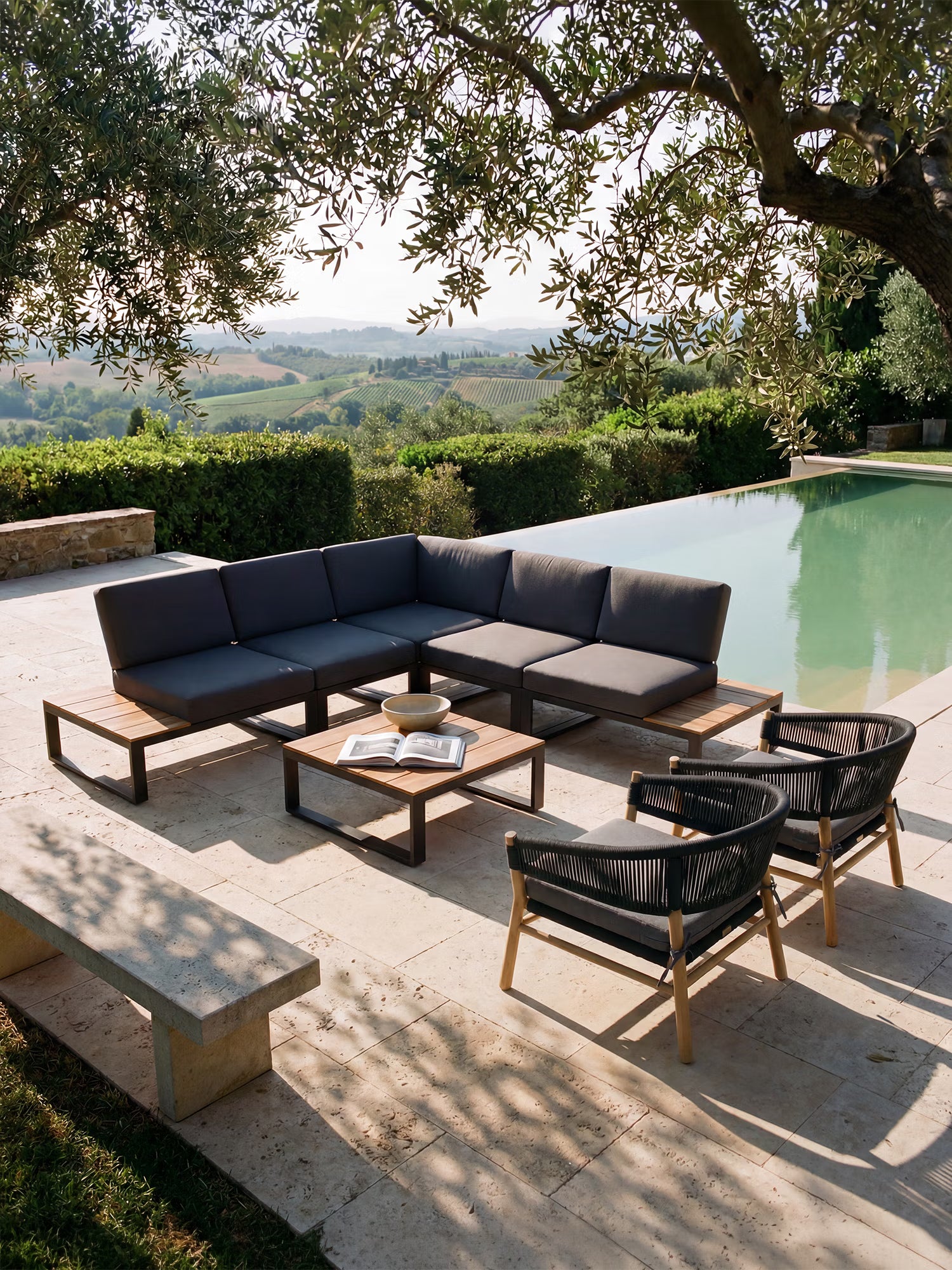 Orion Set lounge angular de exterior de acacia y aluminio antracita con mesa de centro