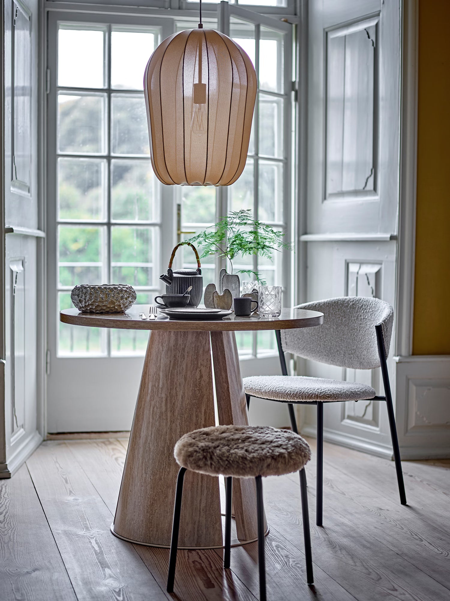 Ames Tavolo da pranzo rotondo in MDF effetto travertino naturale Ø90 cm