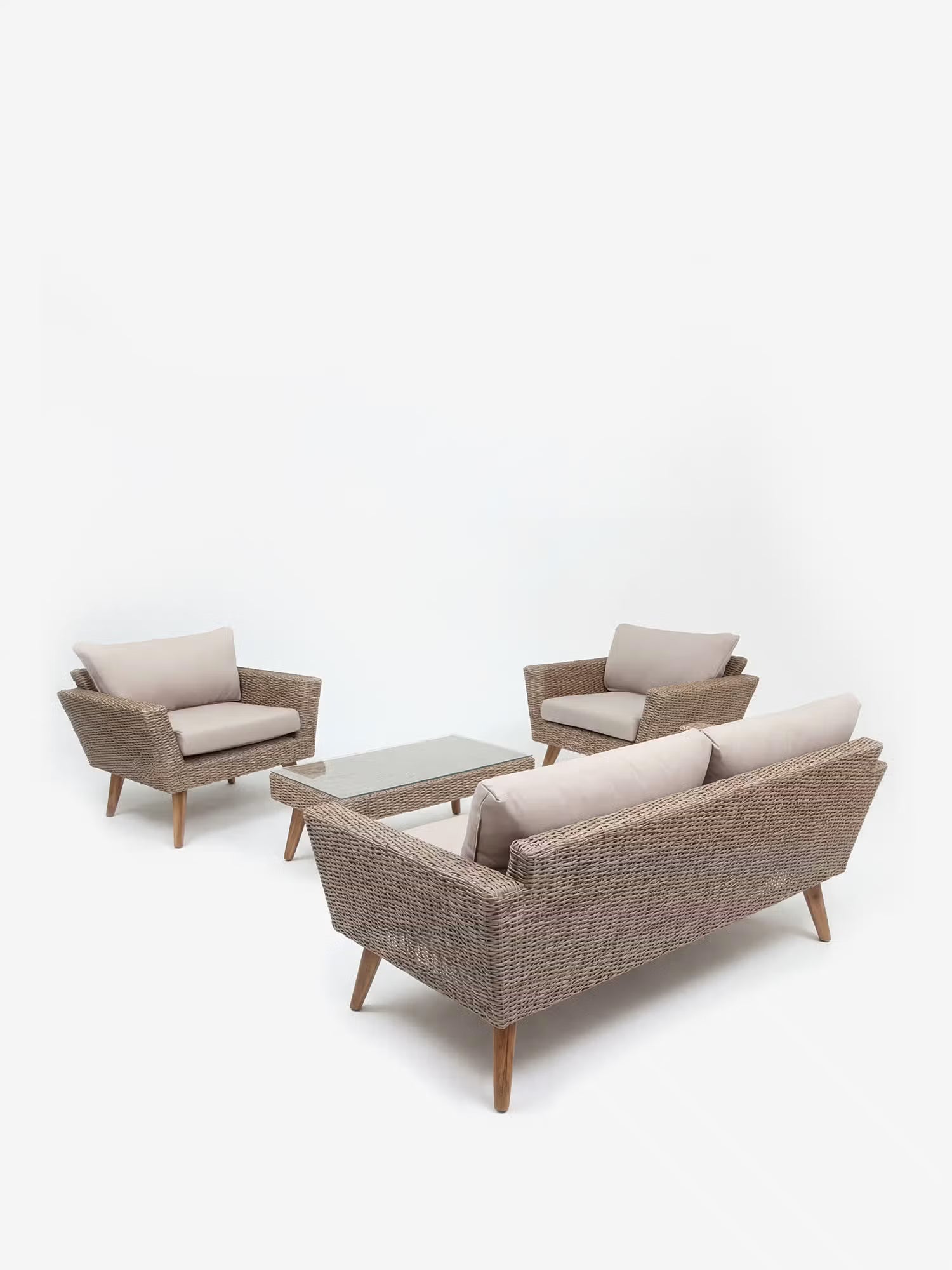 Evara Set de exterior de poliratán natural con sofá, 2 sillones y mesa de centro