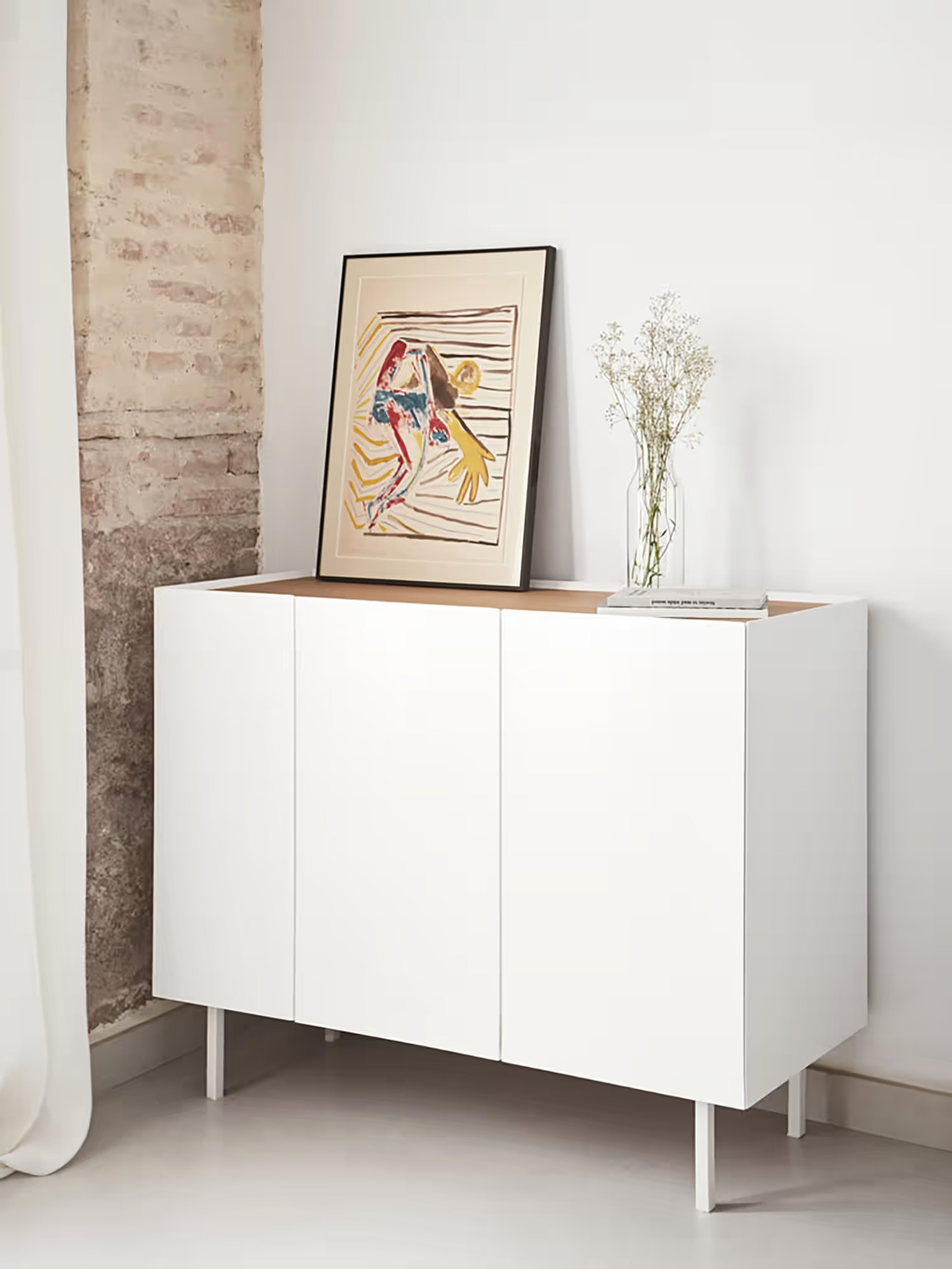 Arista aparador blanco y roble claro - aparador moderno de 3 puertas 110 x 85 cm
