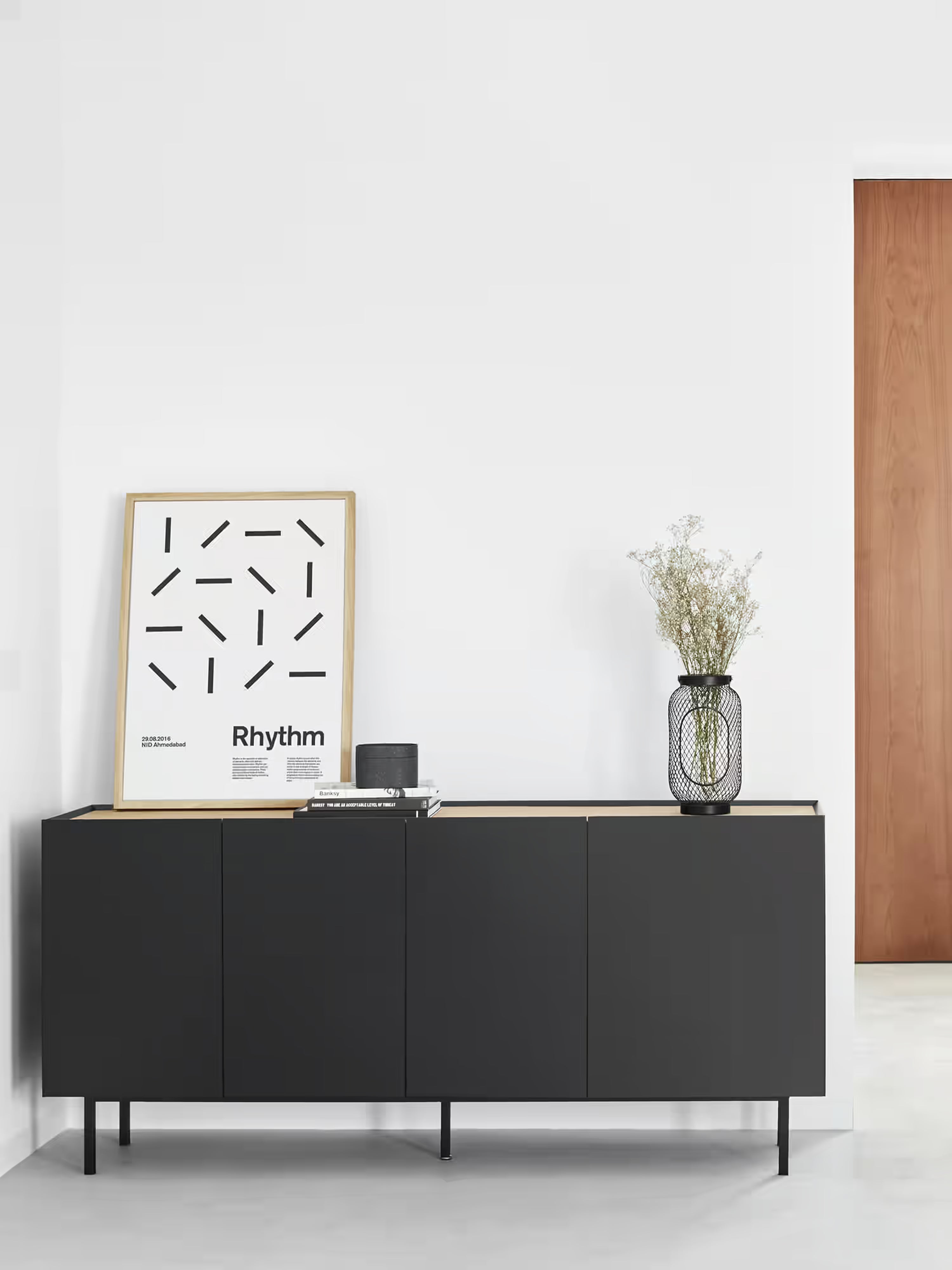 Arista low sideboard in black and light oak - modern 4-door cabinet 165 x 78 cm