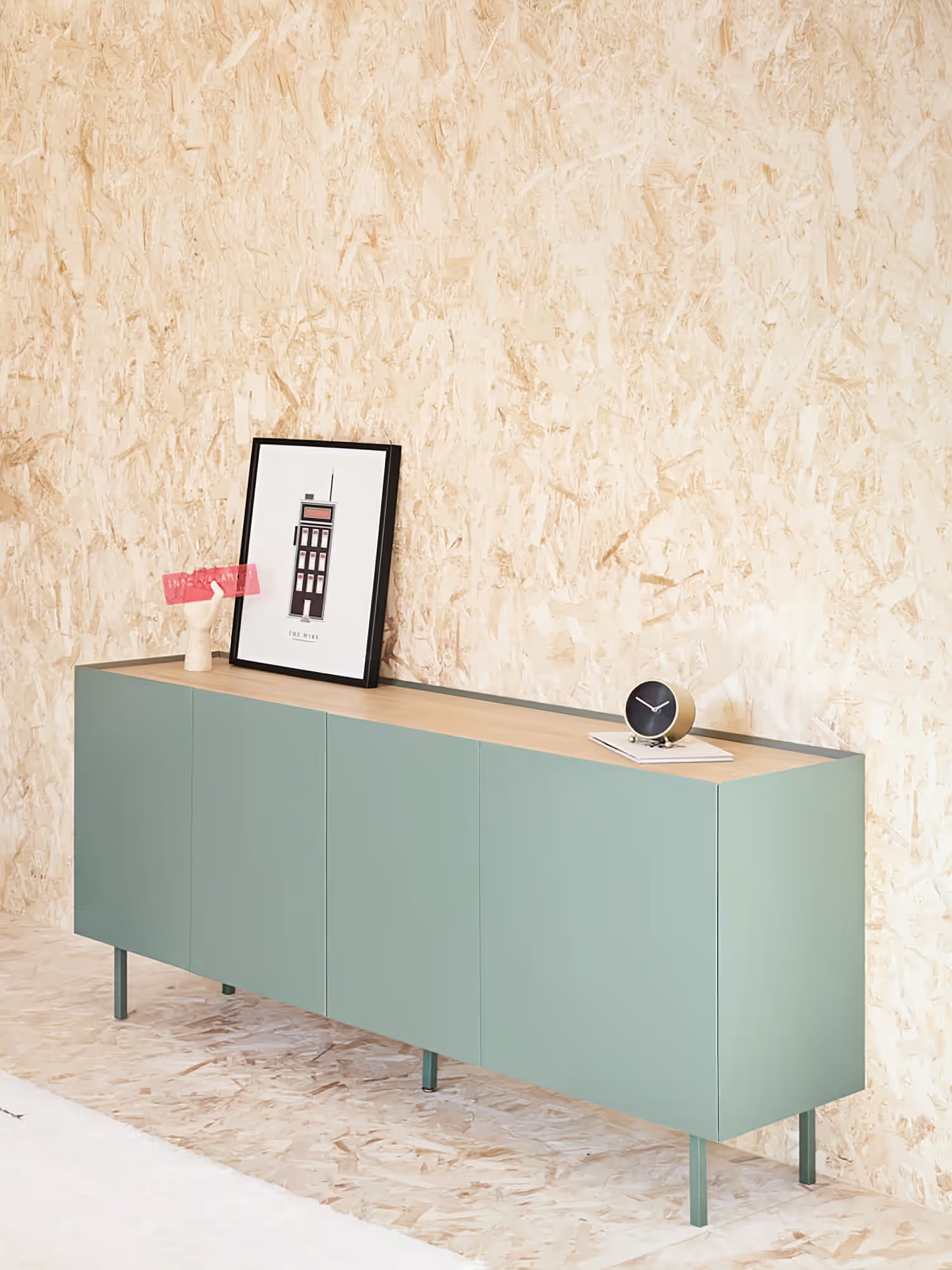Arista aparador bajo verde y roble claro - aparador moderno de 4 puertas 165 x 78 cm