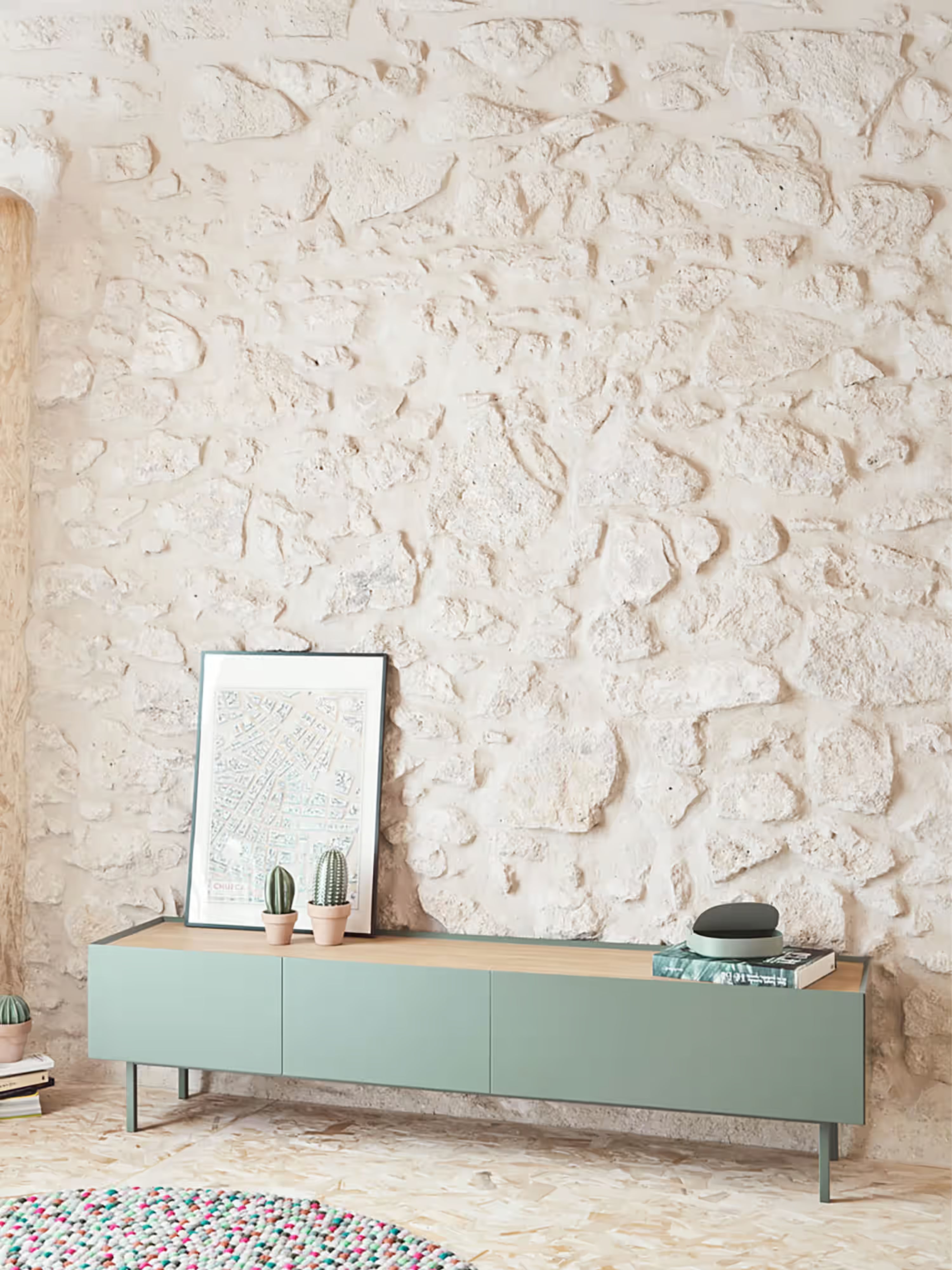 Arista TV unit in green lacquered MDF and light oak | Modern design 180 x 45 cm