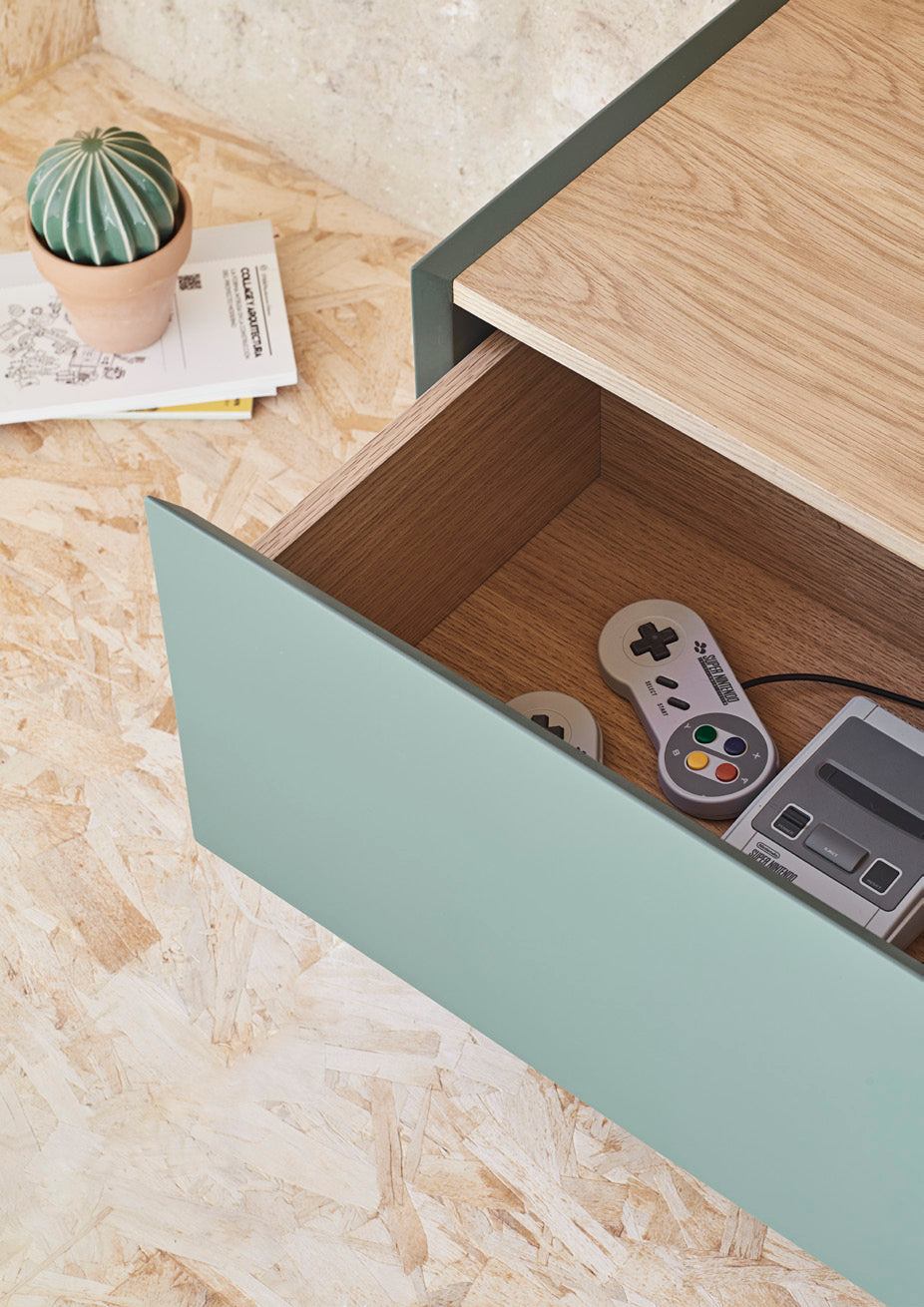 Arista TV unit in green lacquered MDF and light oak | Modern design 180 x 45 cm