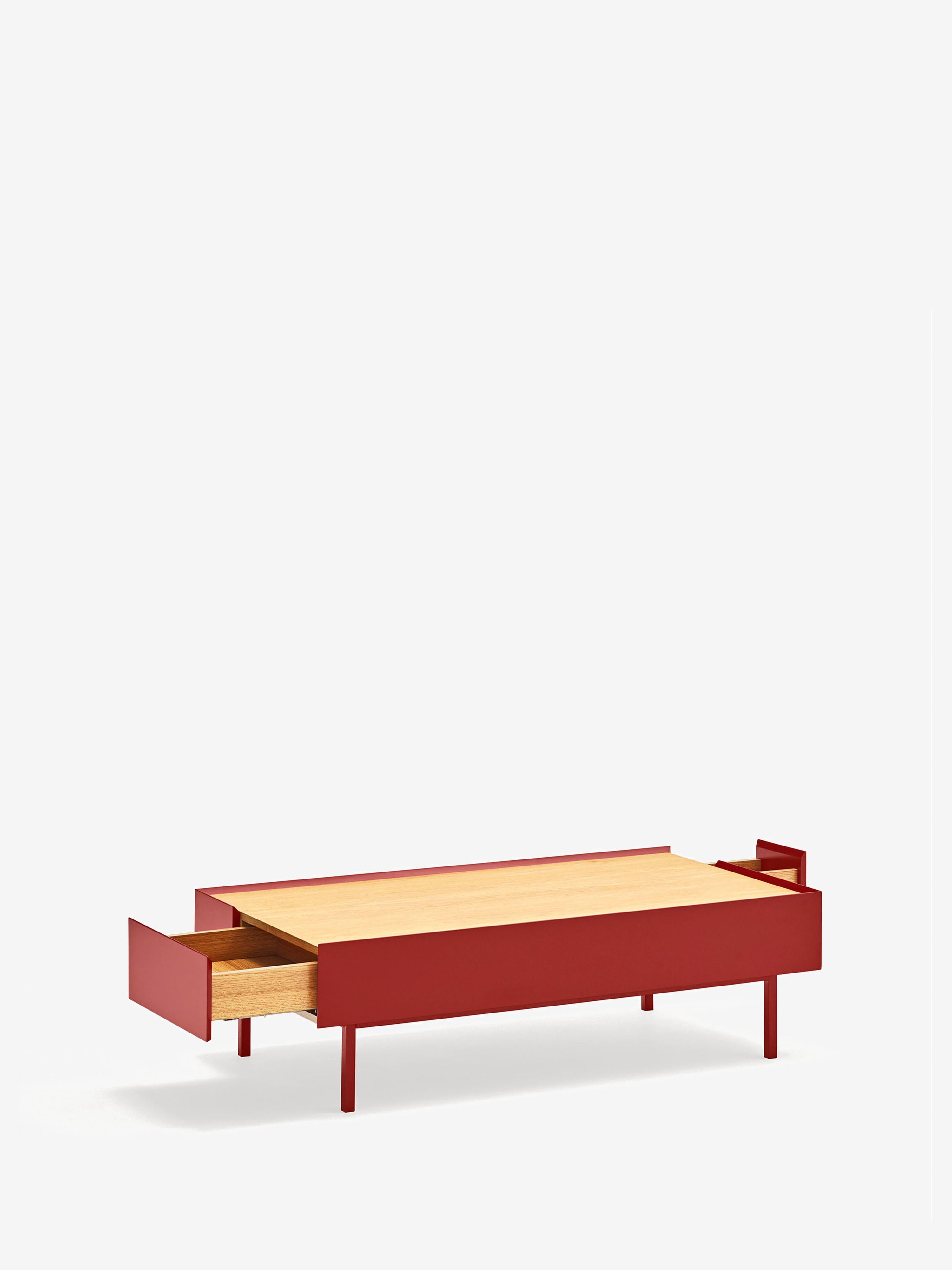 Arista Couchtisch mit 2 Schubladen in Bordeaux und Eichenplatte 110 x 34 cm