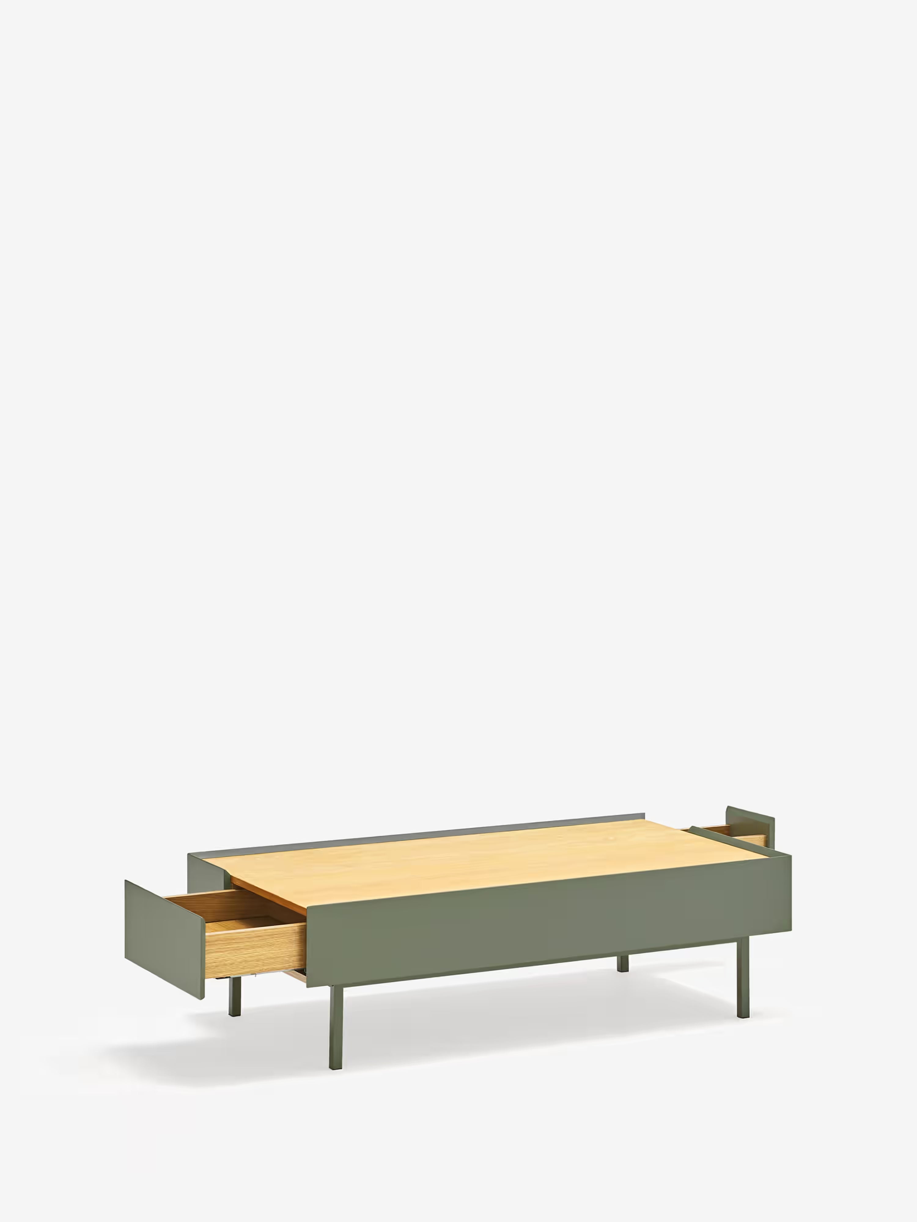 Arista Couchtisch mit 2 Schubladen in Grün und Eichenplatte 110 x 34 cm