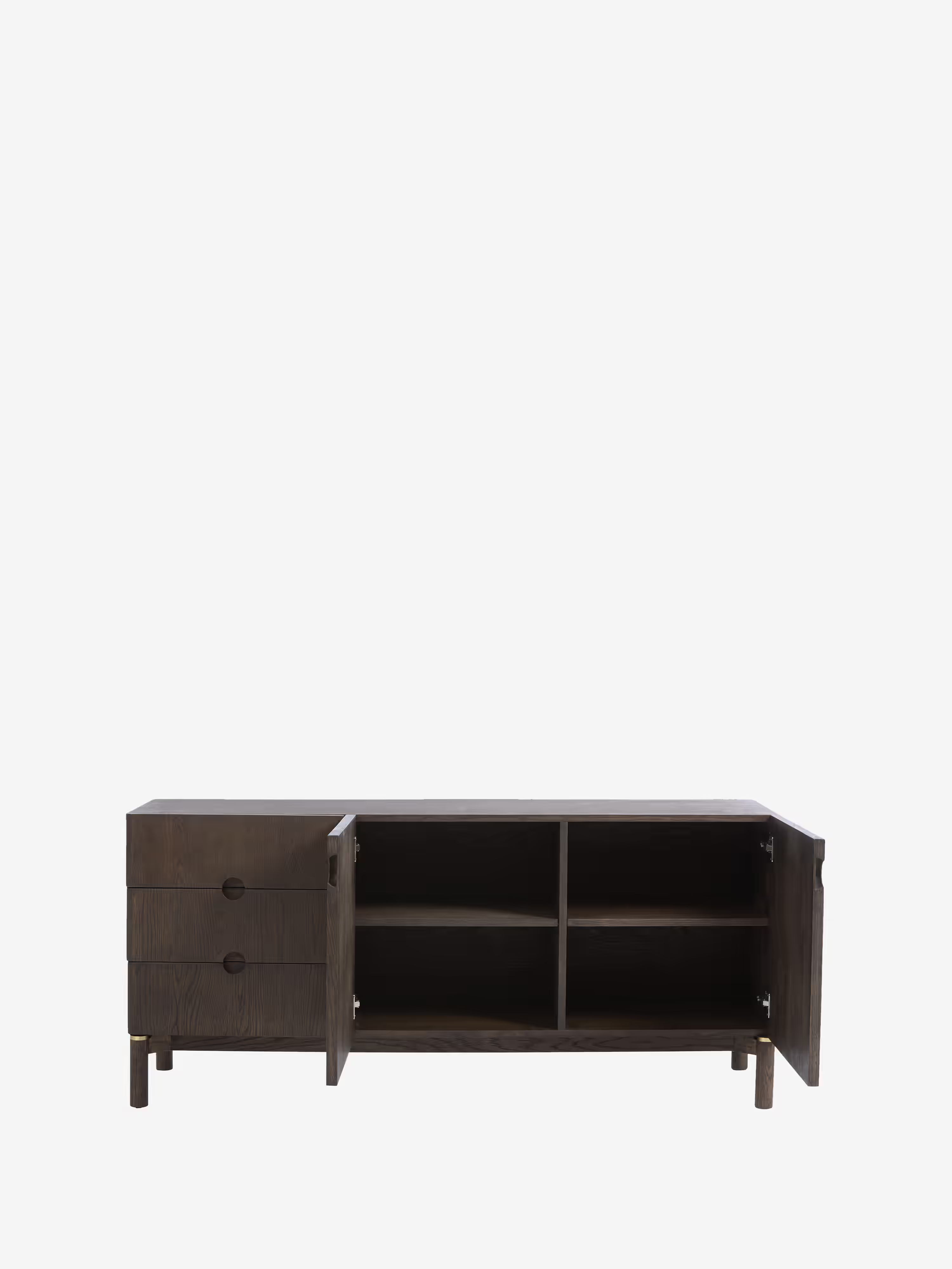 Aparador Arun en madera maciza oscura - aparador bajo con acabados de latón 160 x 73 cm