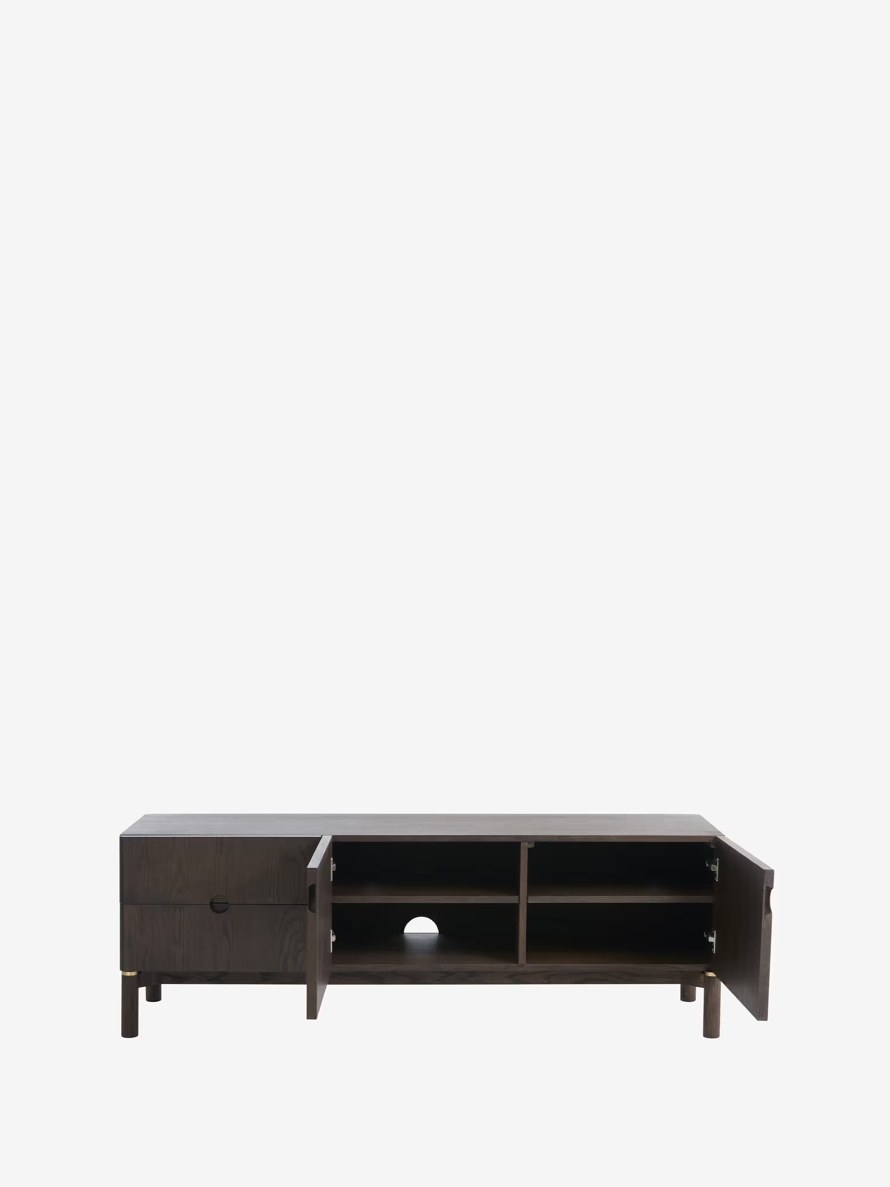 Mueble TV Arun en madera maciza oscura y acabados de latón 160 x 55 cm