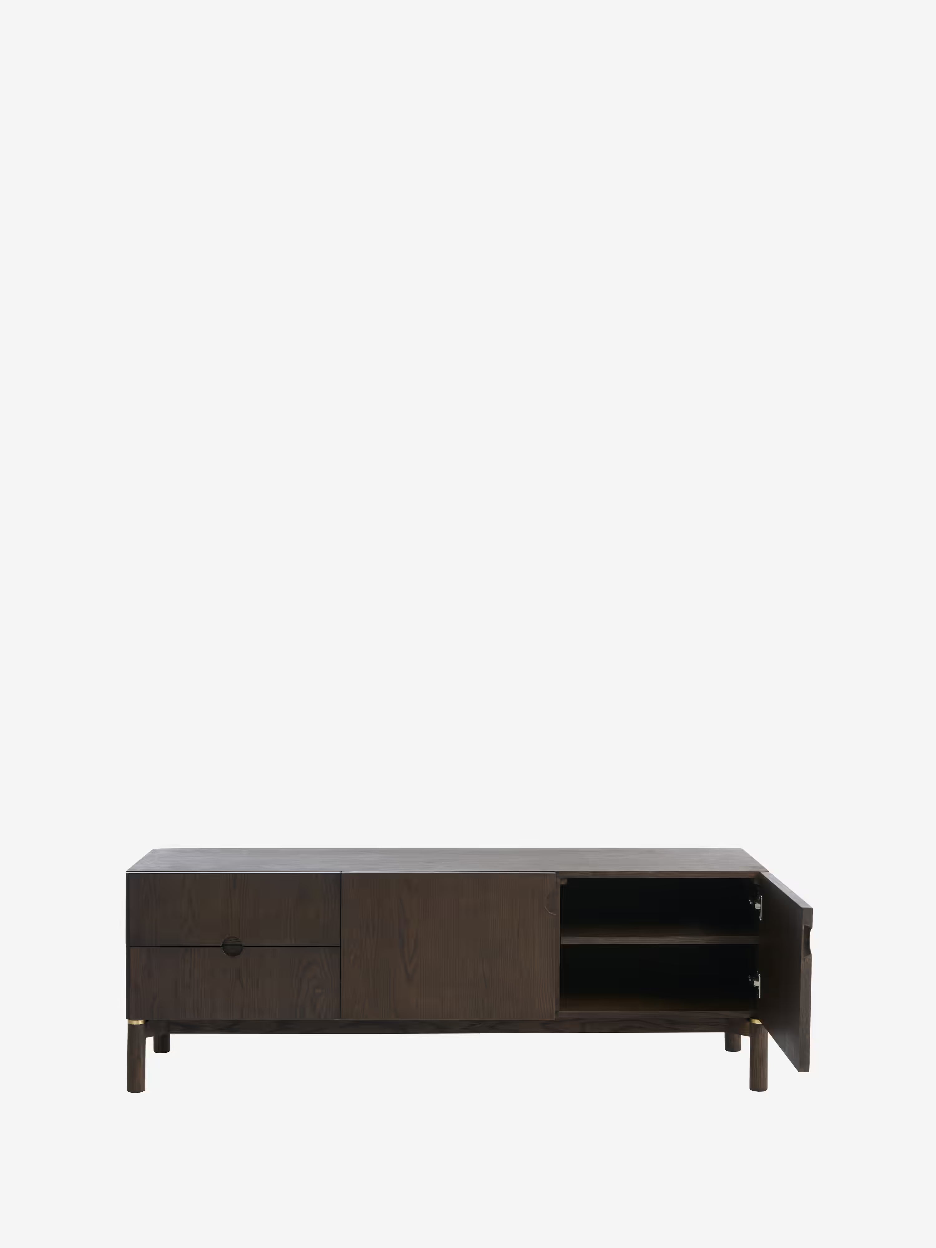 Mueble TV Arun en madera maciza oscura y acabados de latón 160 x 55 cm