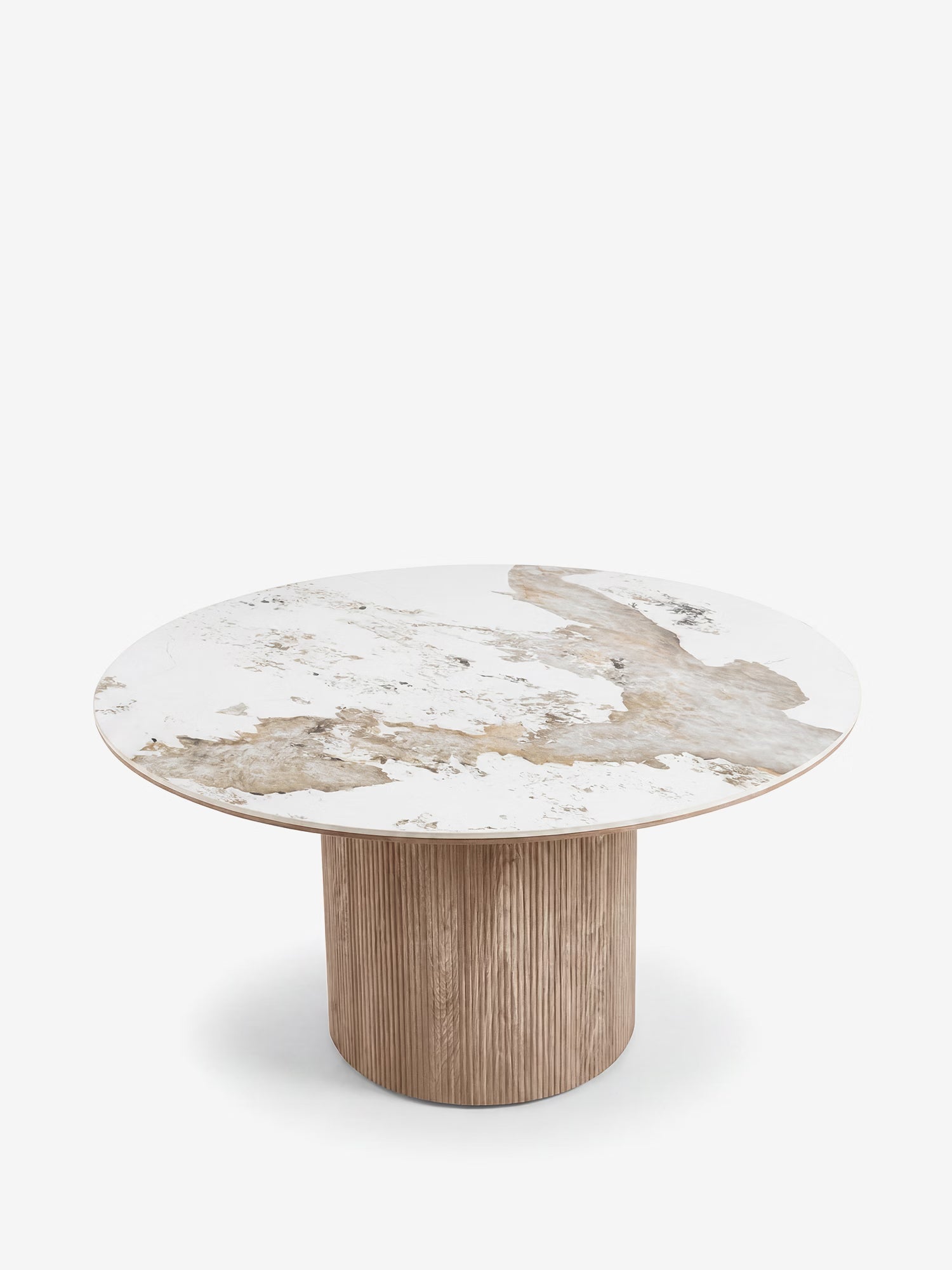 Athens Mesa de comedor redonda con sobre de cerámica blanca efecto mármol y base cilíndrica efecto madera