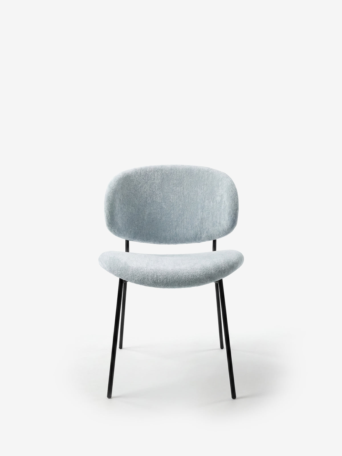 Bruma chair in elegant grey fabric with black metal legs - minimalist design and wraparound backrest