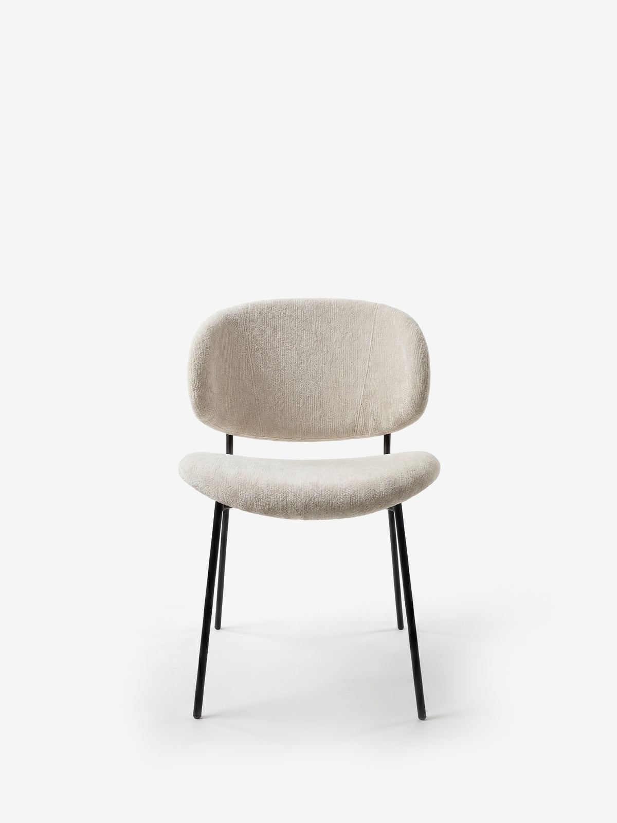 Bruma chair in elegant grey fabric with black metal legs - minimalist design and wraparound backrest
