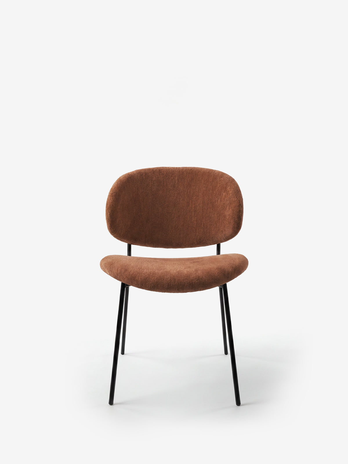 Bruma chair in elegant grey fabric with black metal legs - minimalist design and wraparound backrest