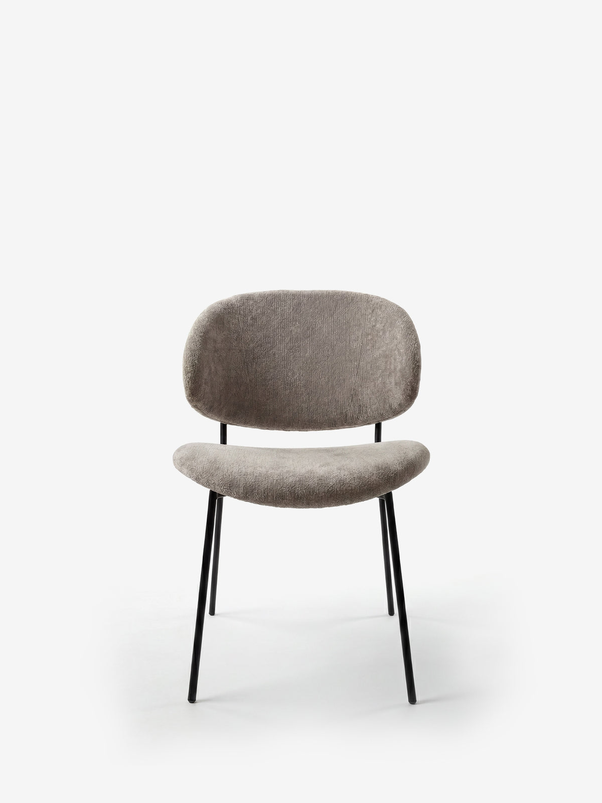 Bruma chair in elegant grey fabric with black metal legs - minimalist design and wraparound backrest
