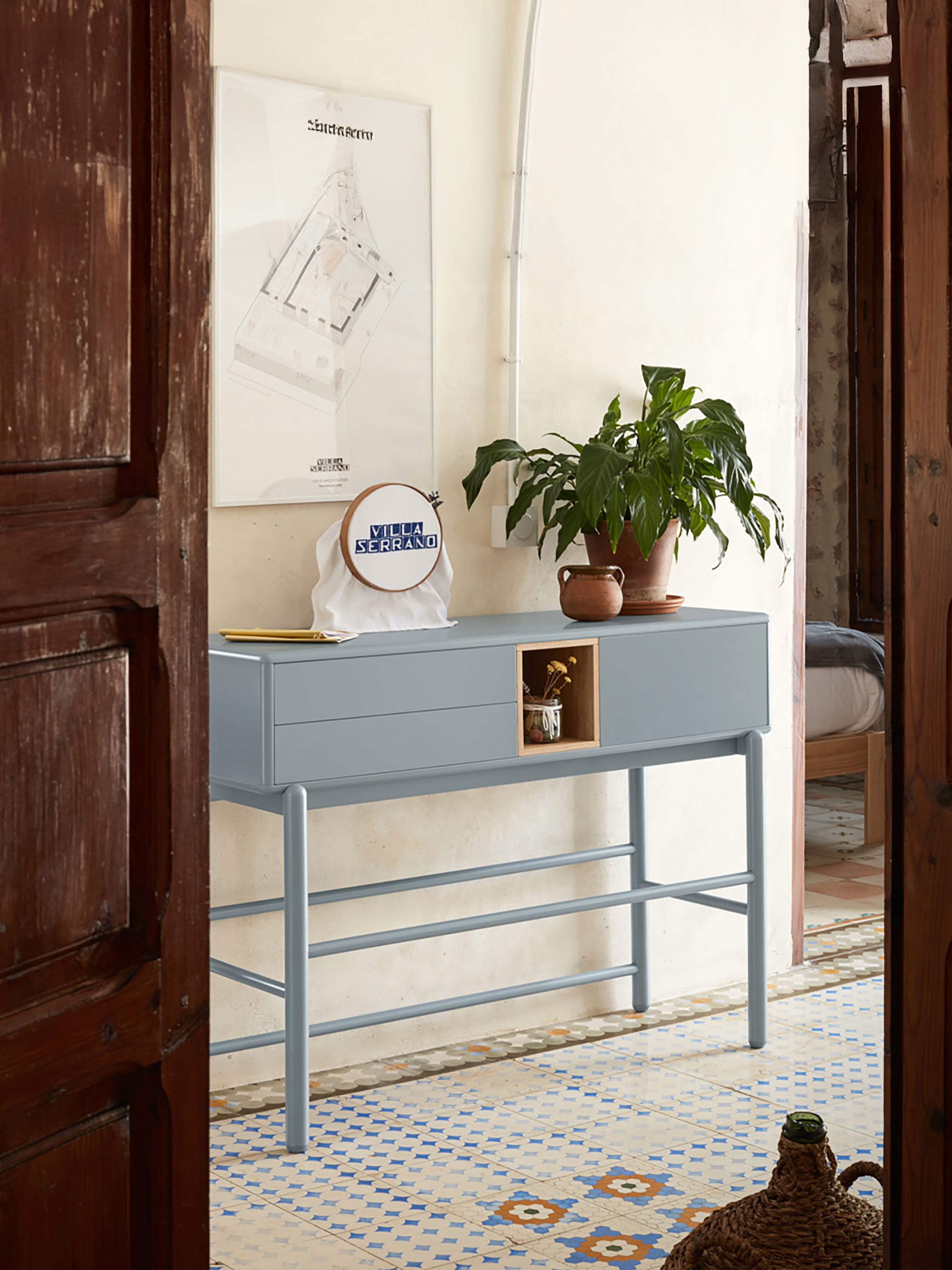 Corvo consola azul grisáceo para entrada y salón - 2 cajones 120 x 90 cm