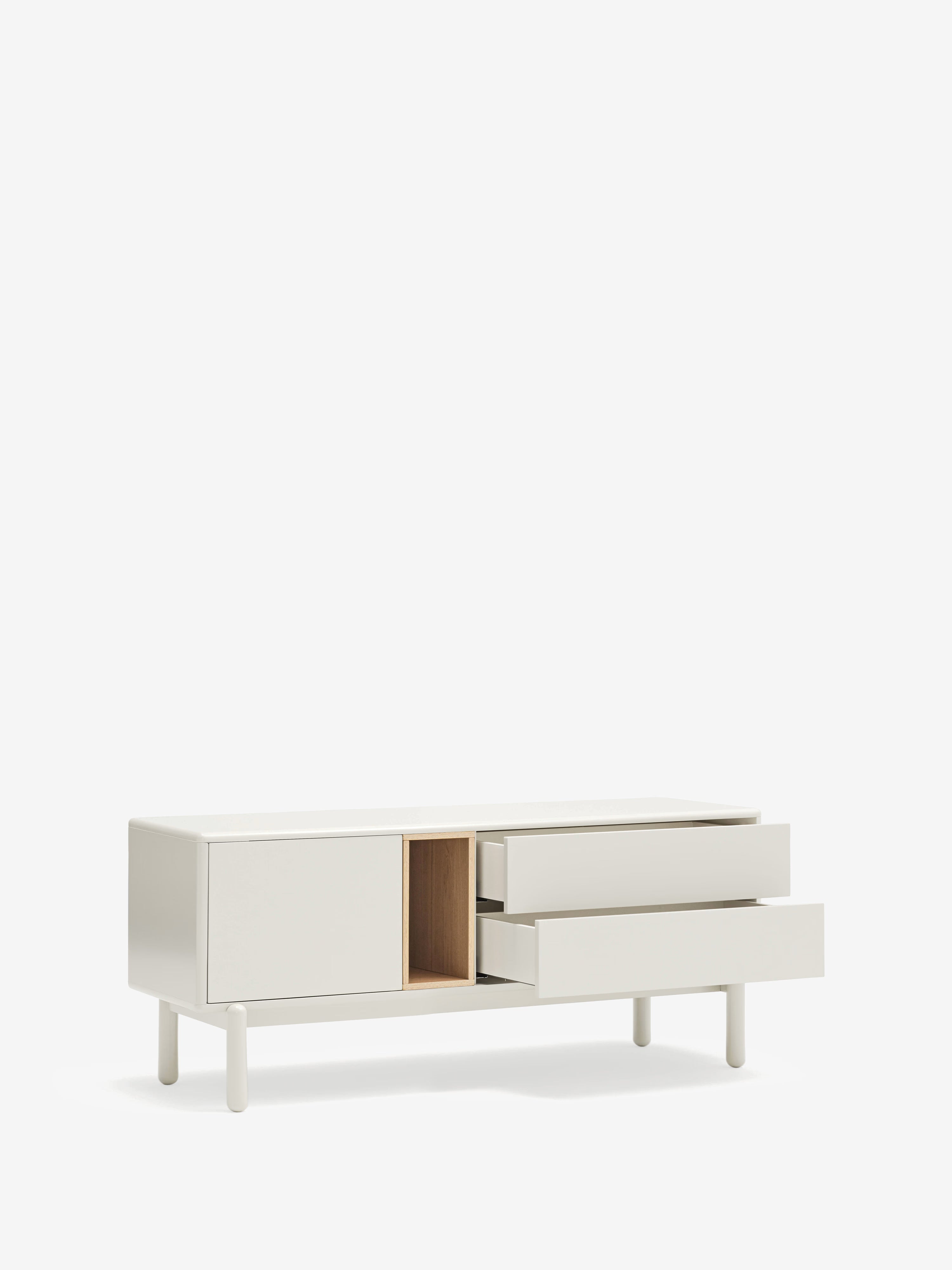 Corvo TV cabinet in cream and natural oak - solid wood base 140 x 56 cm