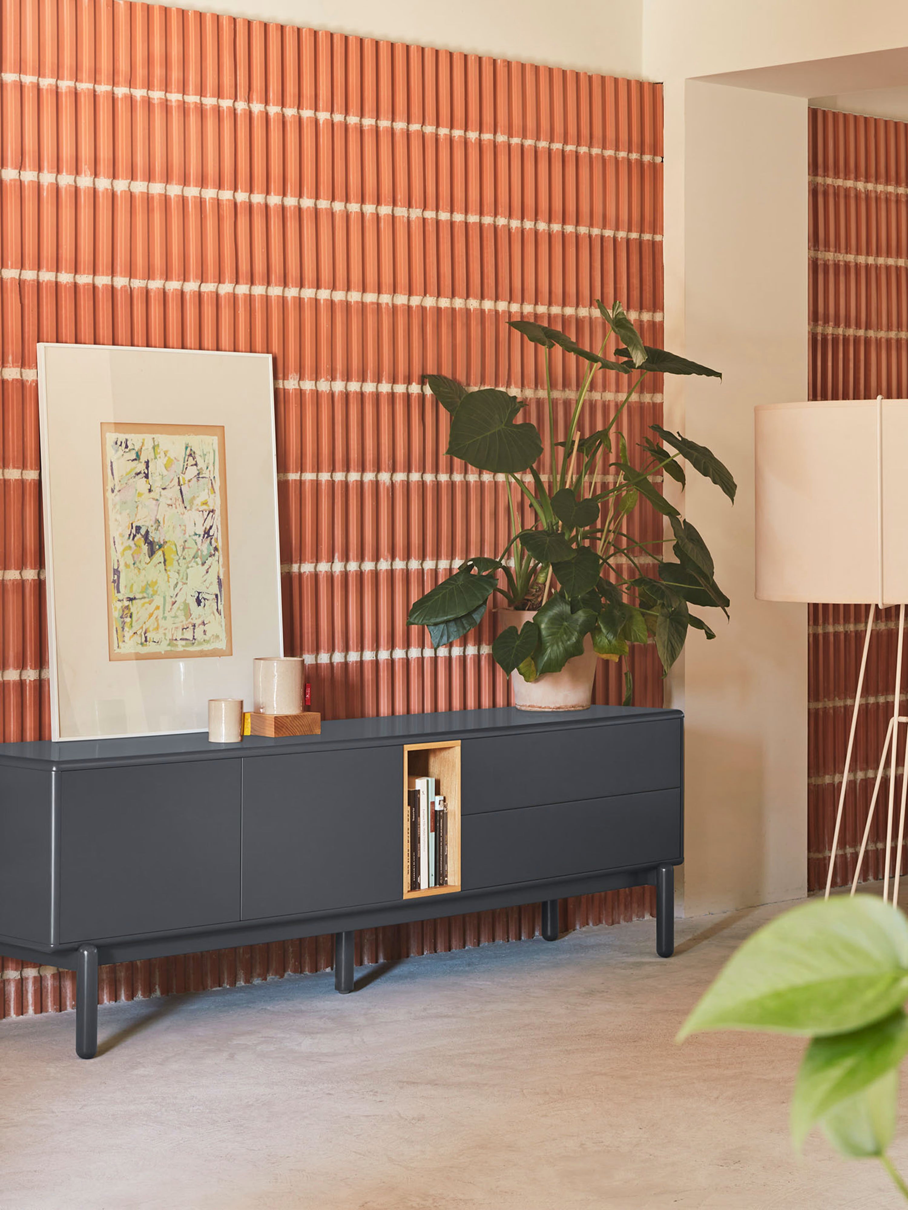 Corvo mueble para TV gris antracita y roble natural - base de madera maciza 180 x 56 cm