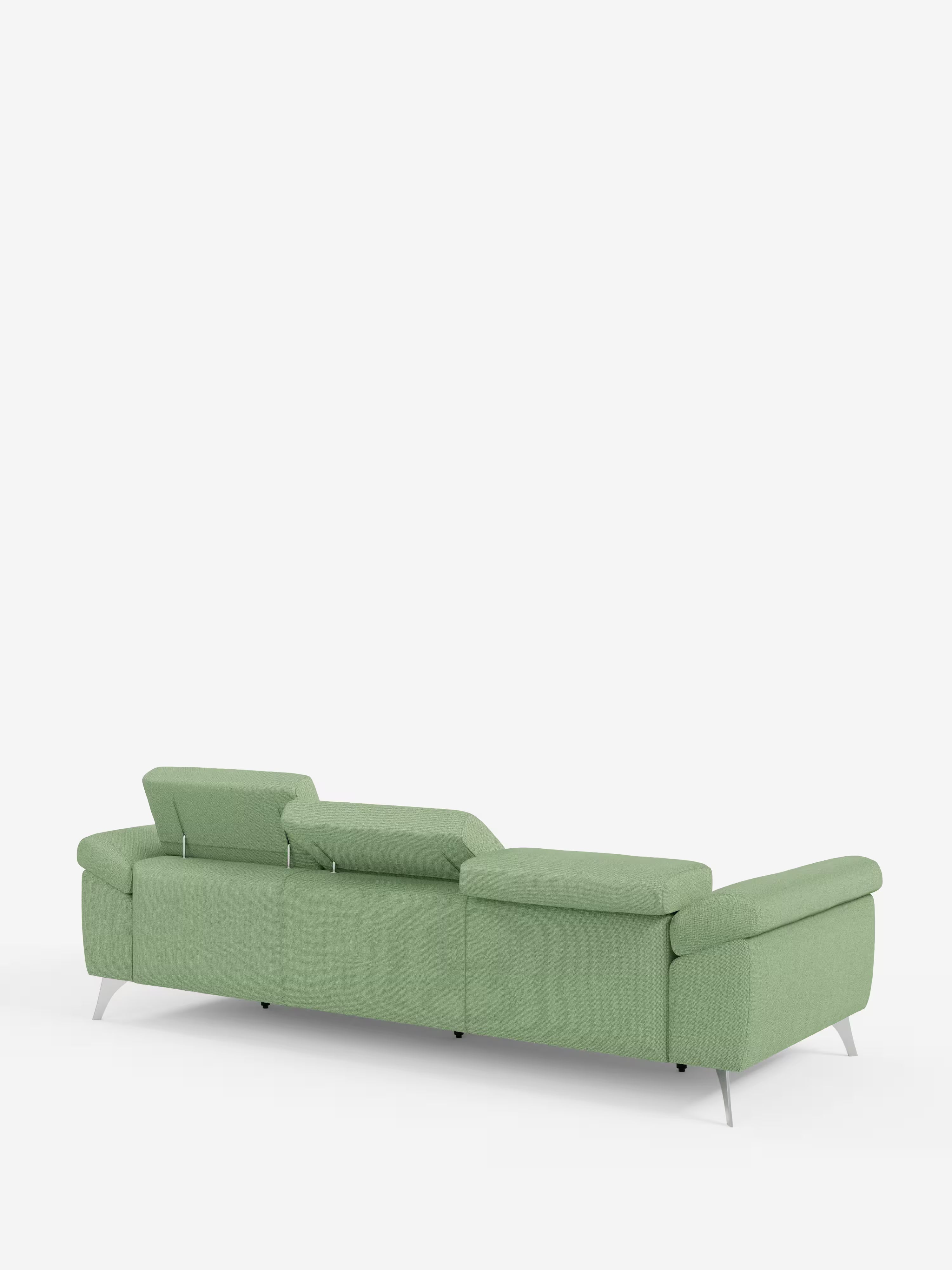 Donatello divano angolare 5 posti con sedute scorrevoli, braccioli contenitore e poggiatesta reclinabili in tessuto panna smacchiabile