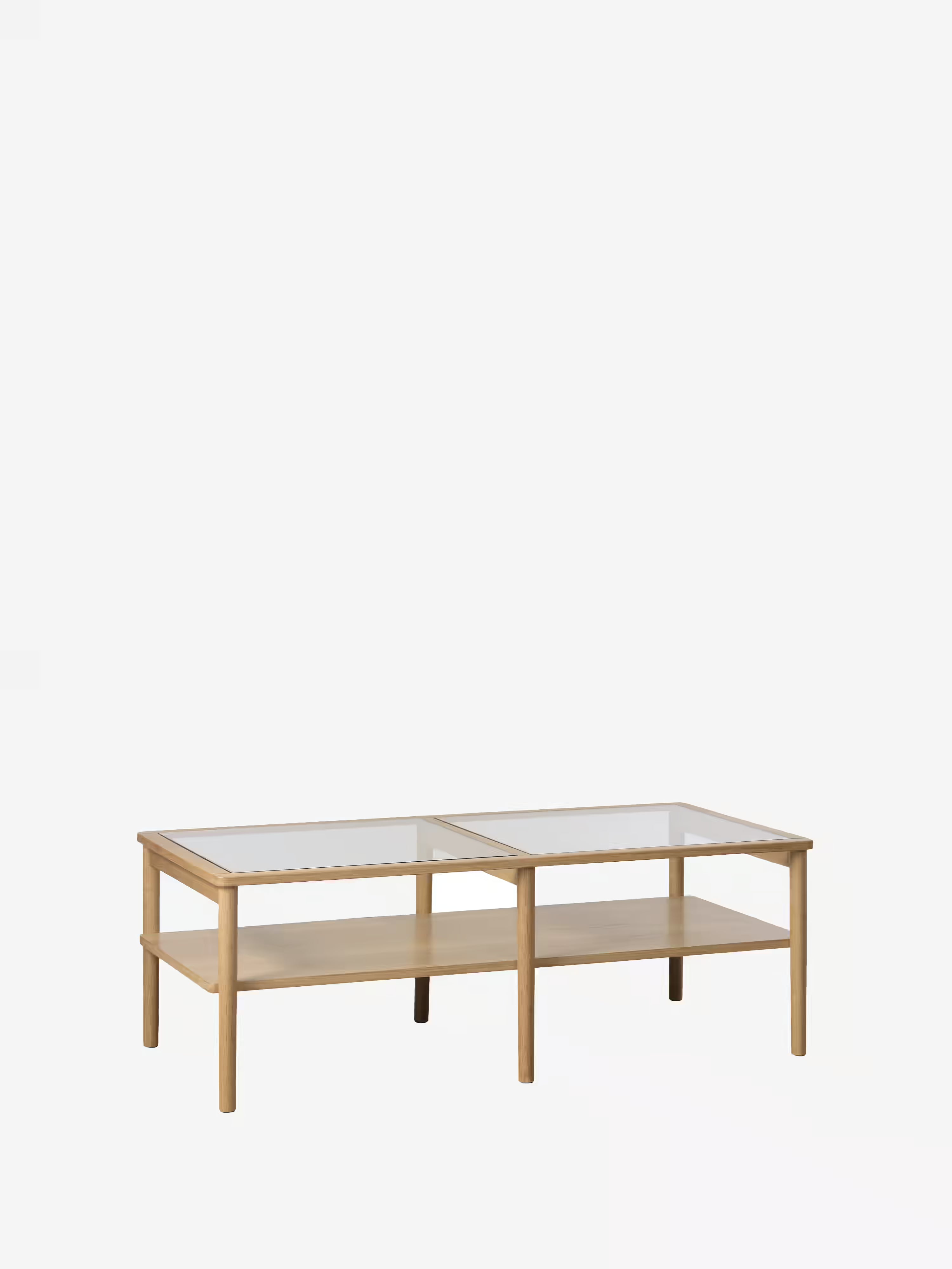 Couchtisch Elba aus natürlichem Eichenholz mit Tischplatte aus gehärtetem Glas 120 × 60 cm