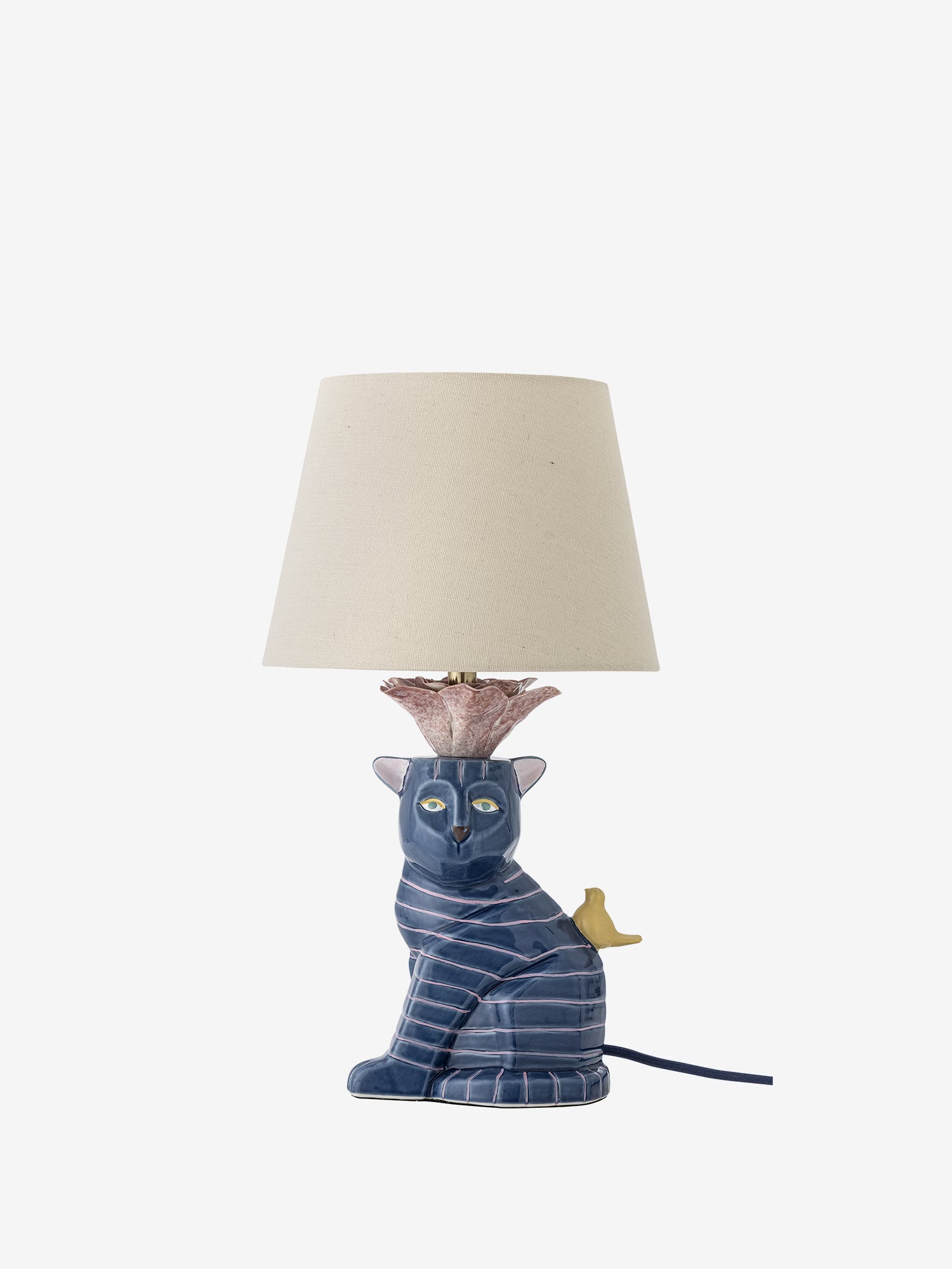 Eri Lampada da tavolo in gres blu con paralume in lino - design felino figurativo dipinto a mano