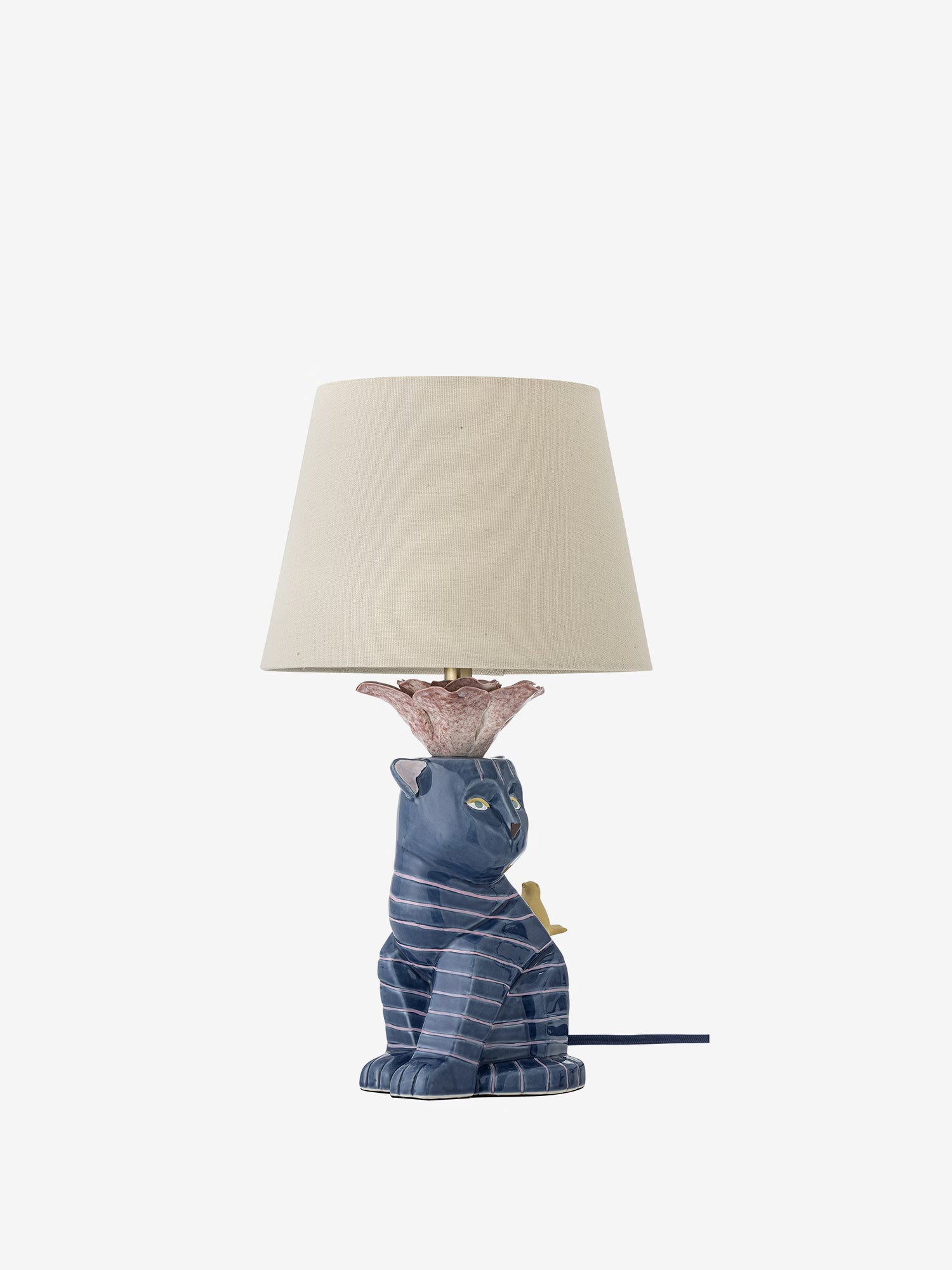Eri Lampada da tavolo in gres blu con paralume in lino - design felino figurativo dipinto a mano