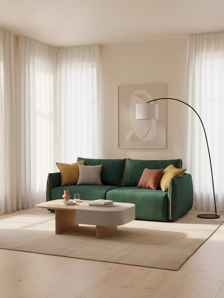 Flexar Sofa für 2 und 3 Personen mit verschiebbaren Sitzen und Daunenrückenlehnen aus wasserdichtem Bouclé