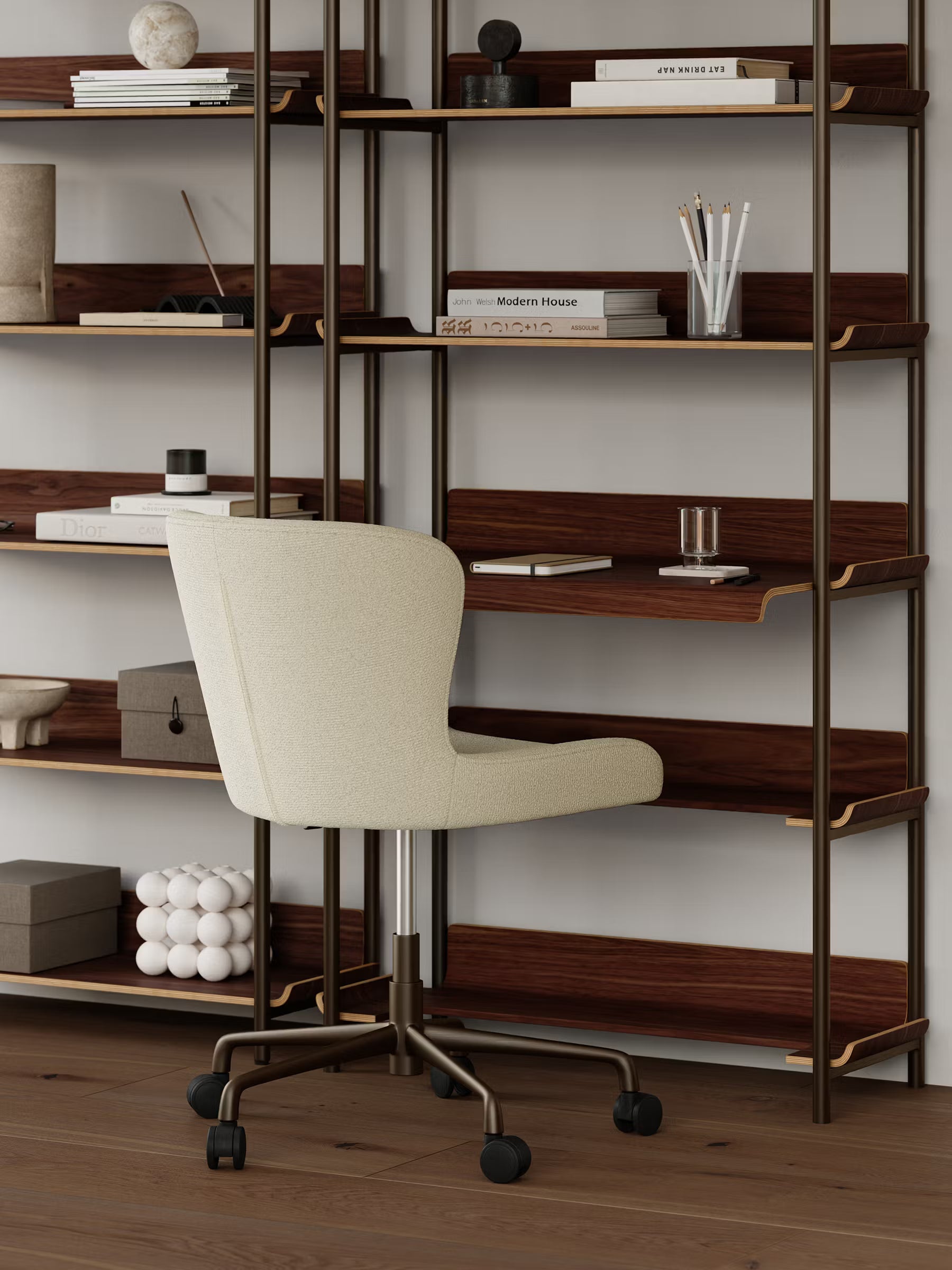 Glam Chaise de bureau pivotante en tissu bouclé avec base en métal à cinq branches