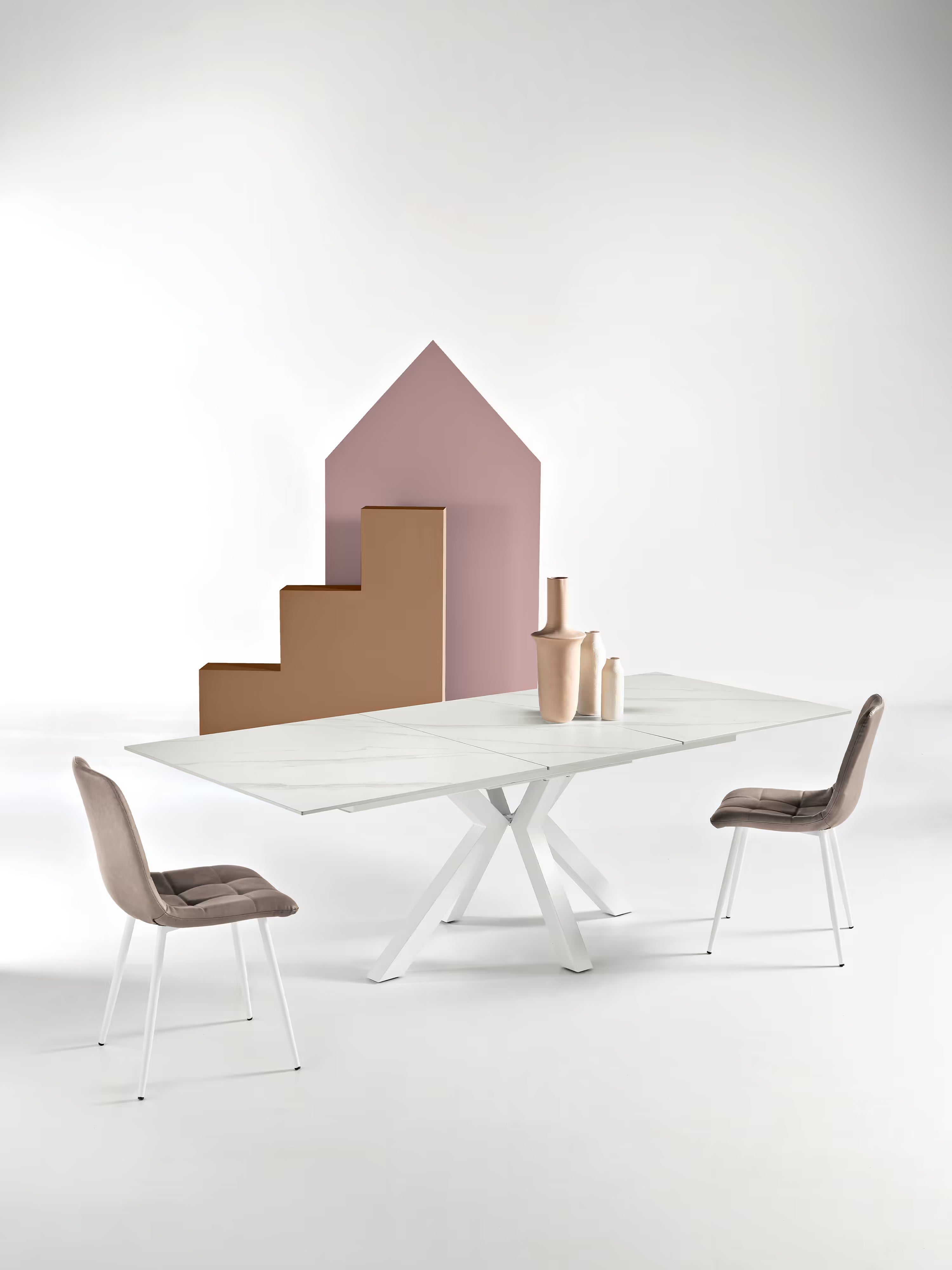 Hero Mesa extensible efecto mármol blanco – base de metal blanco 180 (240) x 100 cm