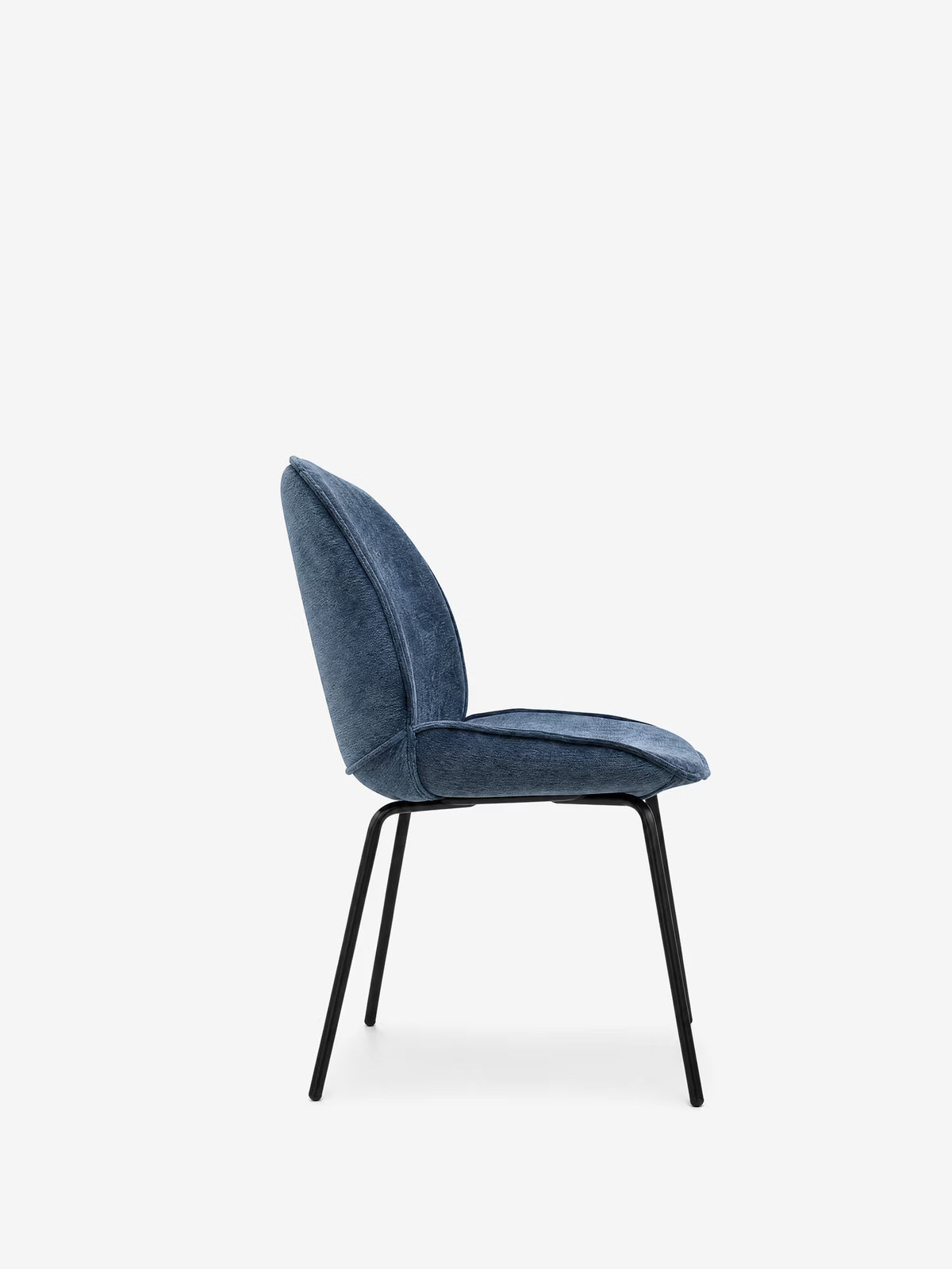 Iride upholstered chair in soft blue chenille fabric with black metal frame
