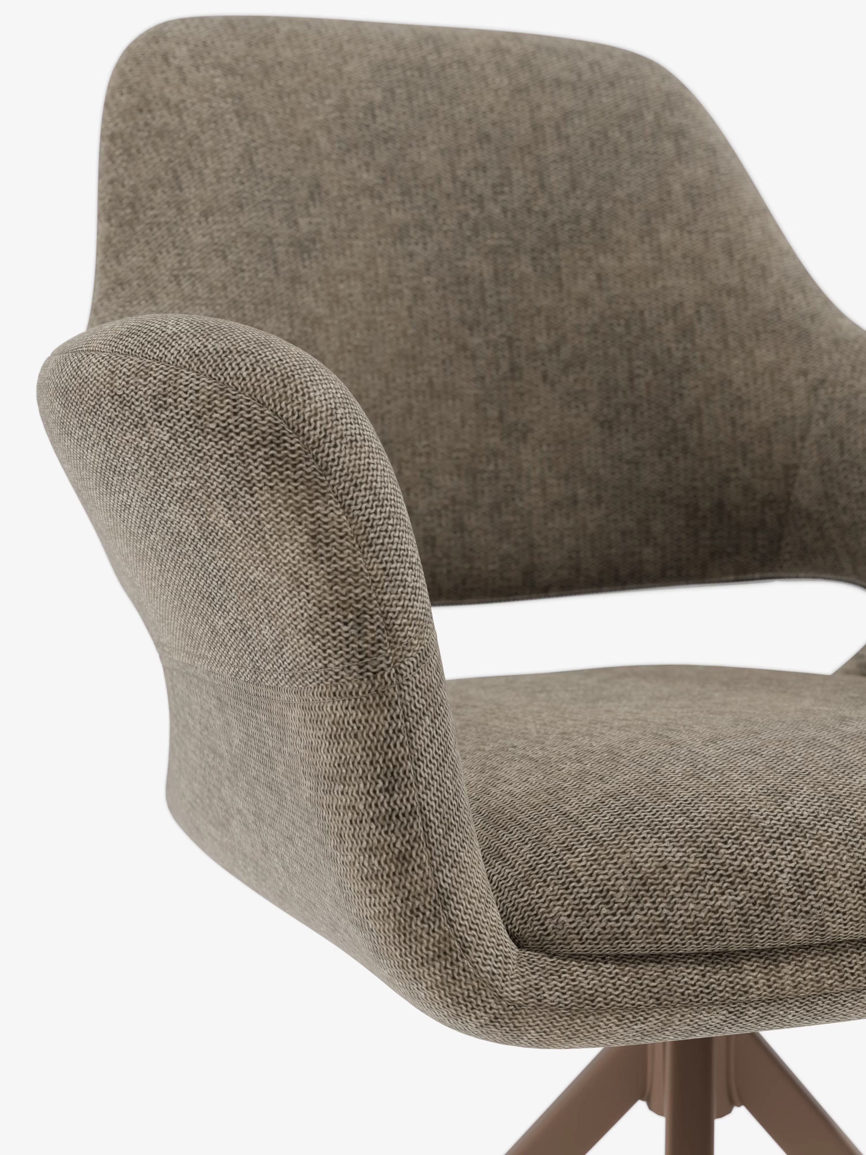 Drehstuhl Kerry aus braunem Stoff mit Metallbasis – Retro-Stil und zeitgemäßer Komfort