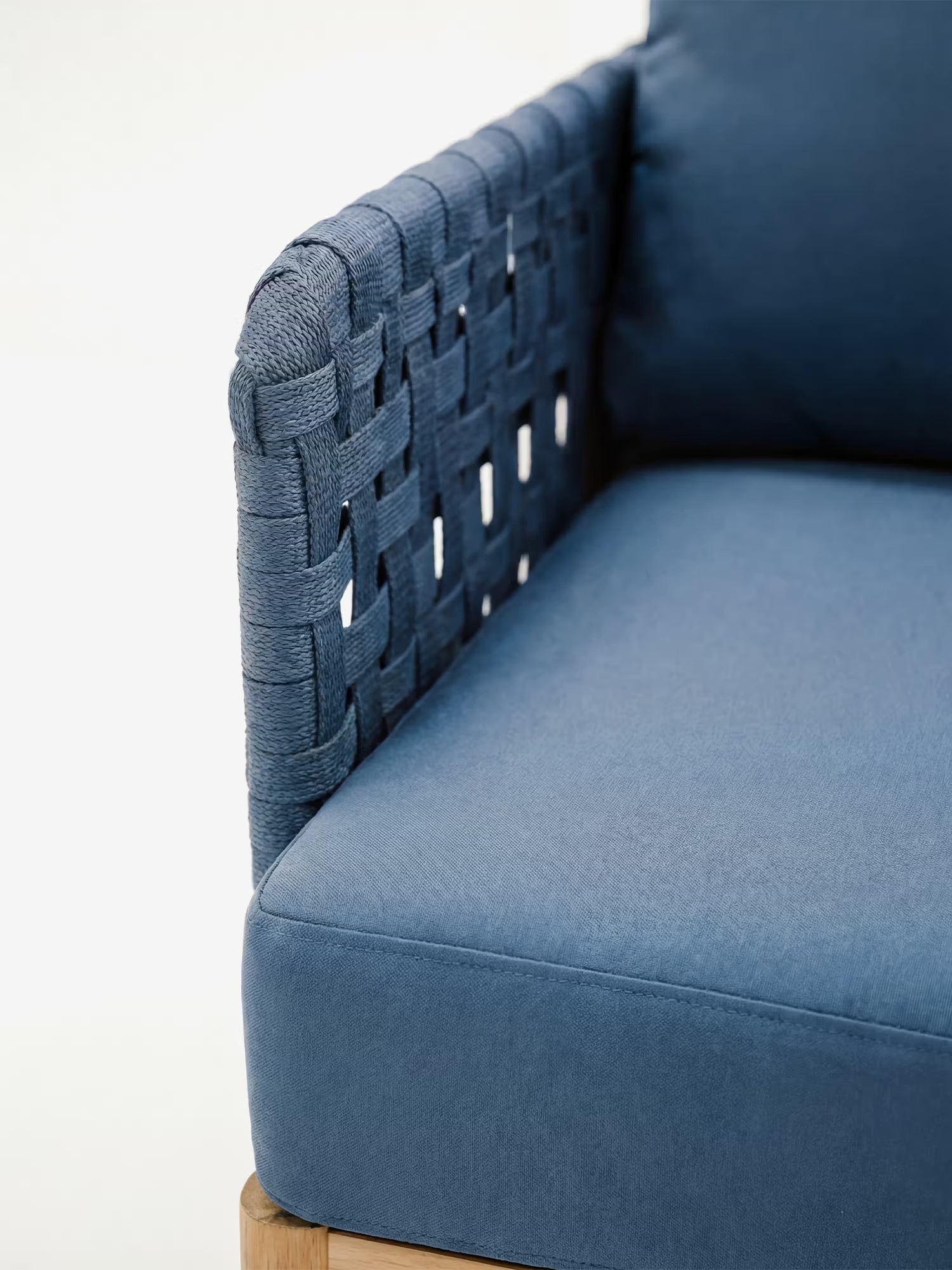 Aven Salon d'extérieur en acier et corde tressée bleue avec base en bois - Canapé et 2 fauteuils