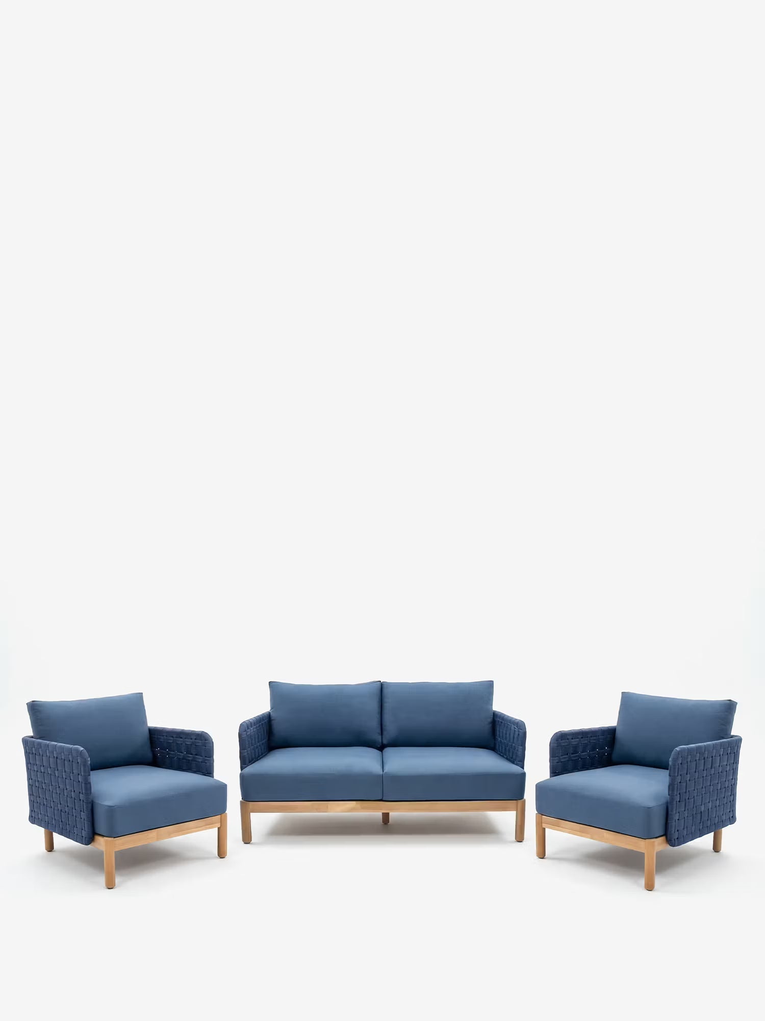 Aven Salon d'extérieur en acier et corde tressée bleue avec base en bois - Canapé et 2 fauteuils