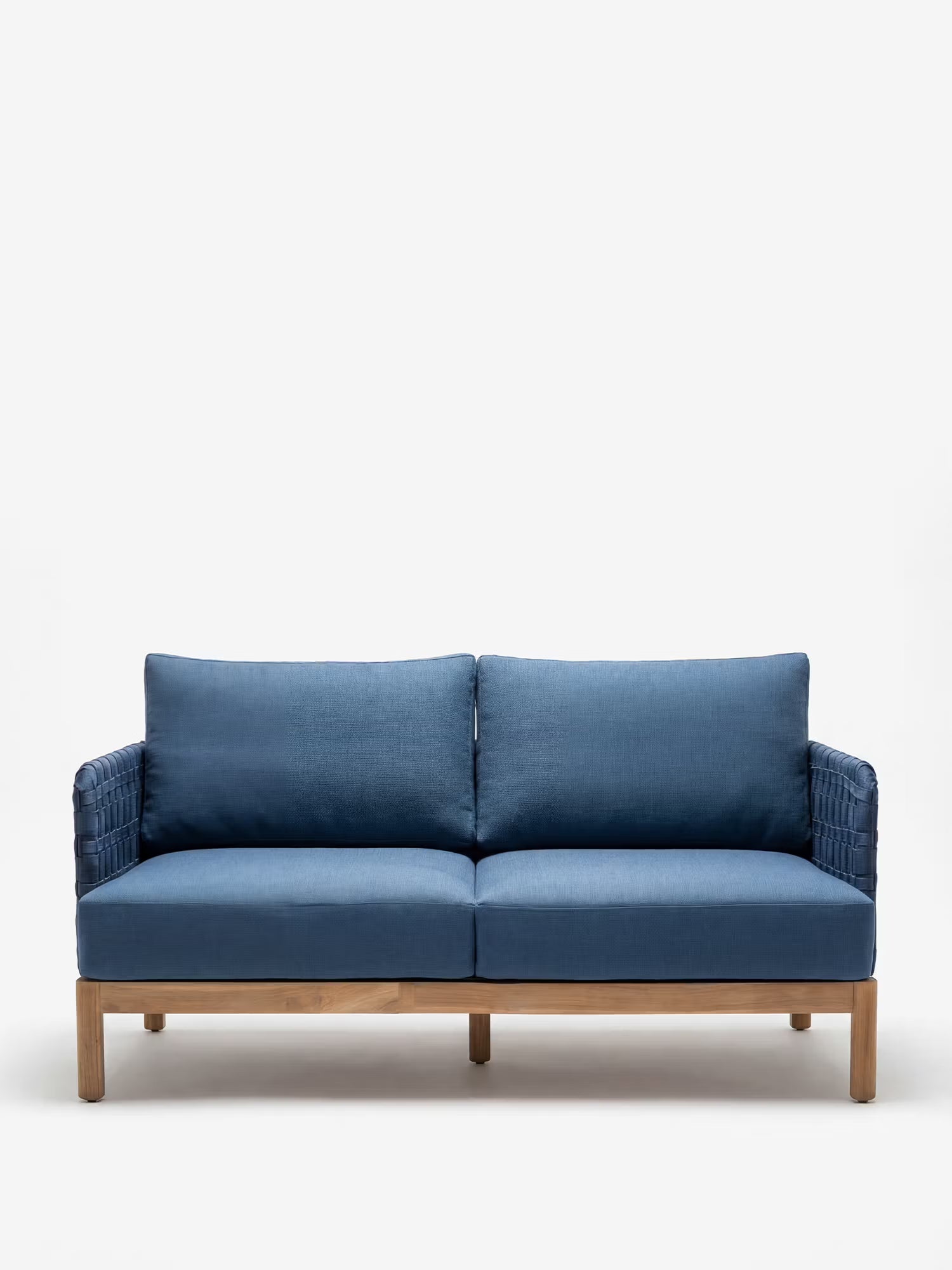 Aven Salon d'extérieur en acier et corde tressée bleue avec base en bois - Canapé et 2 fauteuils