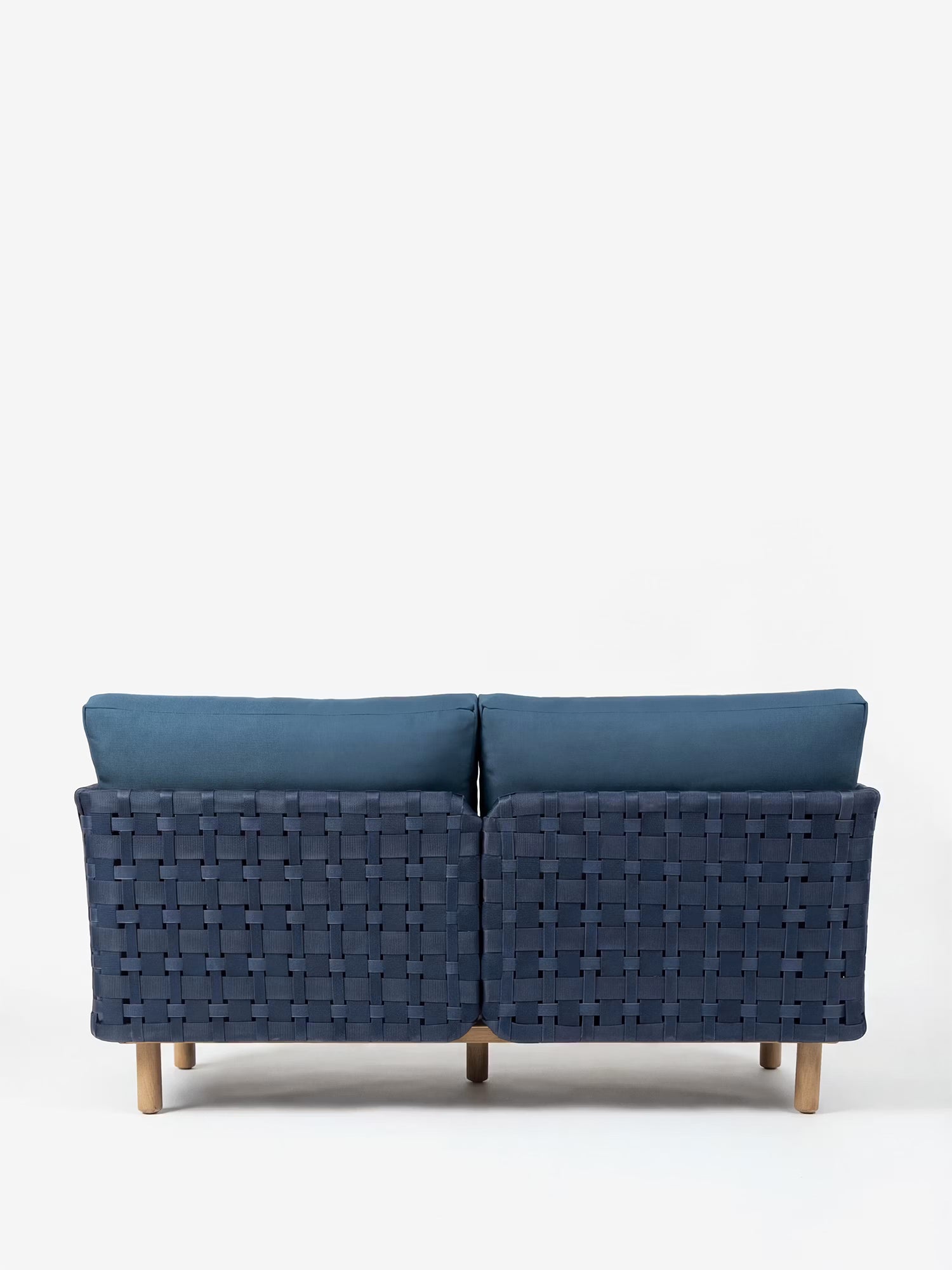 Aven Salon d'extérieur en acier et corde tressée bleue avec base en bois - Canapé et 2 fauteuils