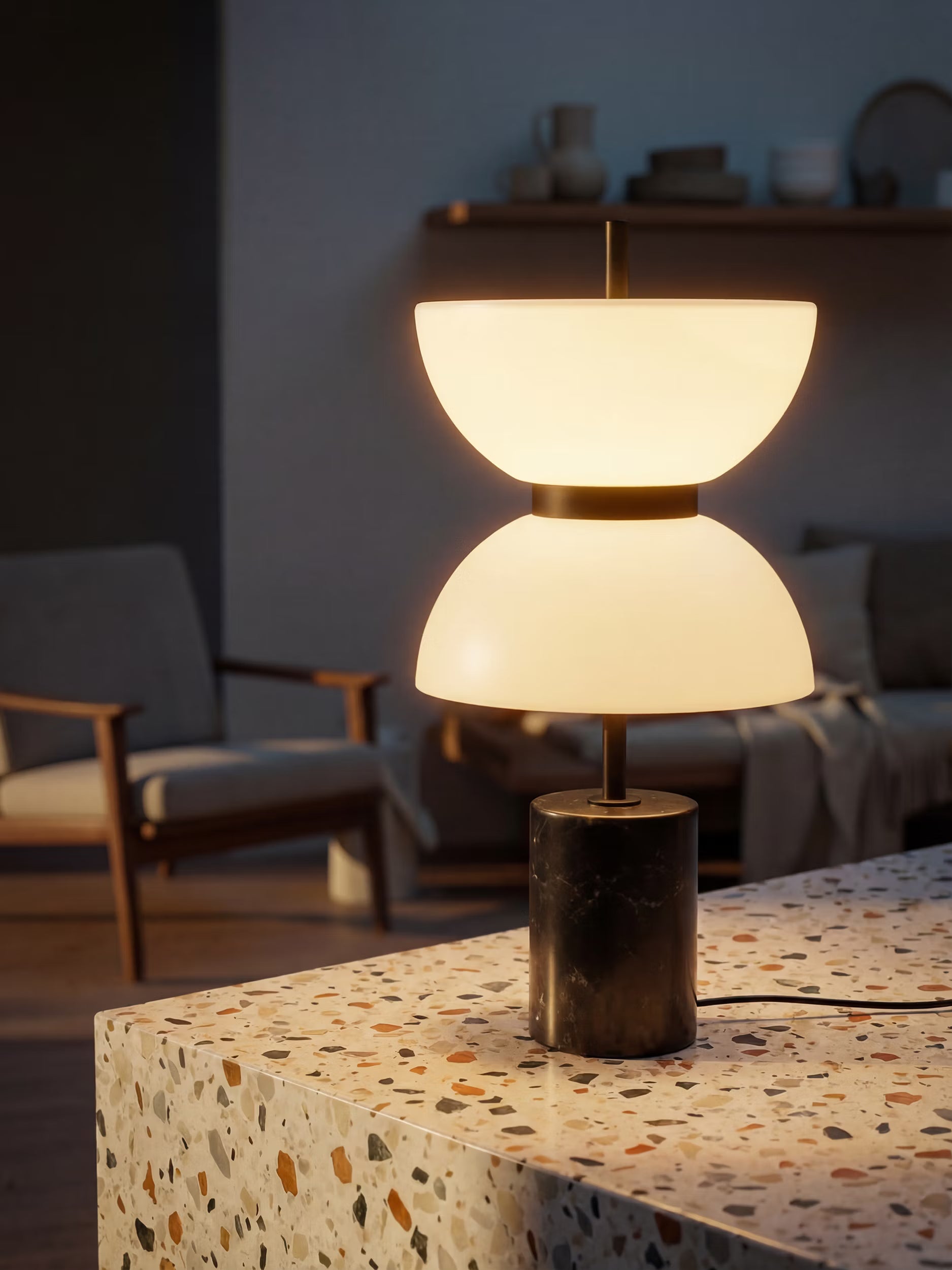 Kyoto Lampada da tavolo a led - design moderno e stile giapponese in vetro bianco e marmo naturale
