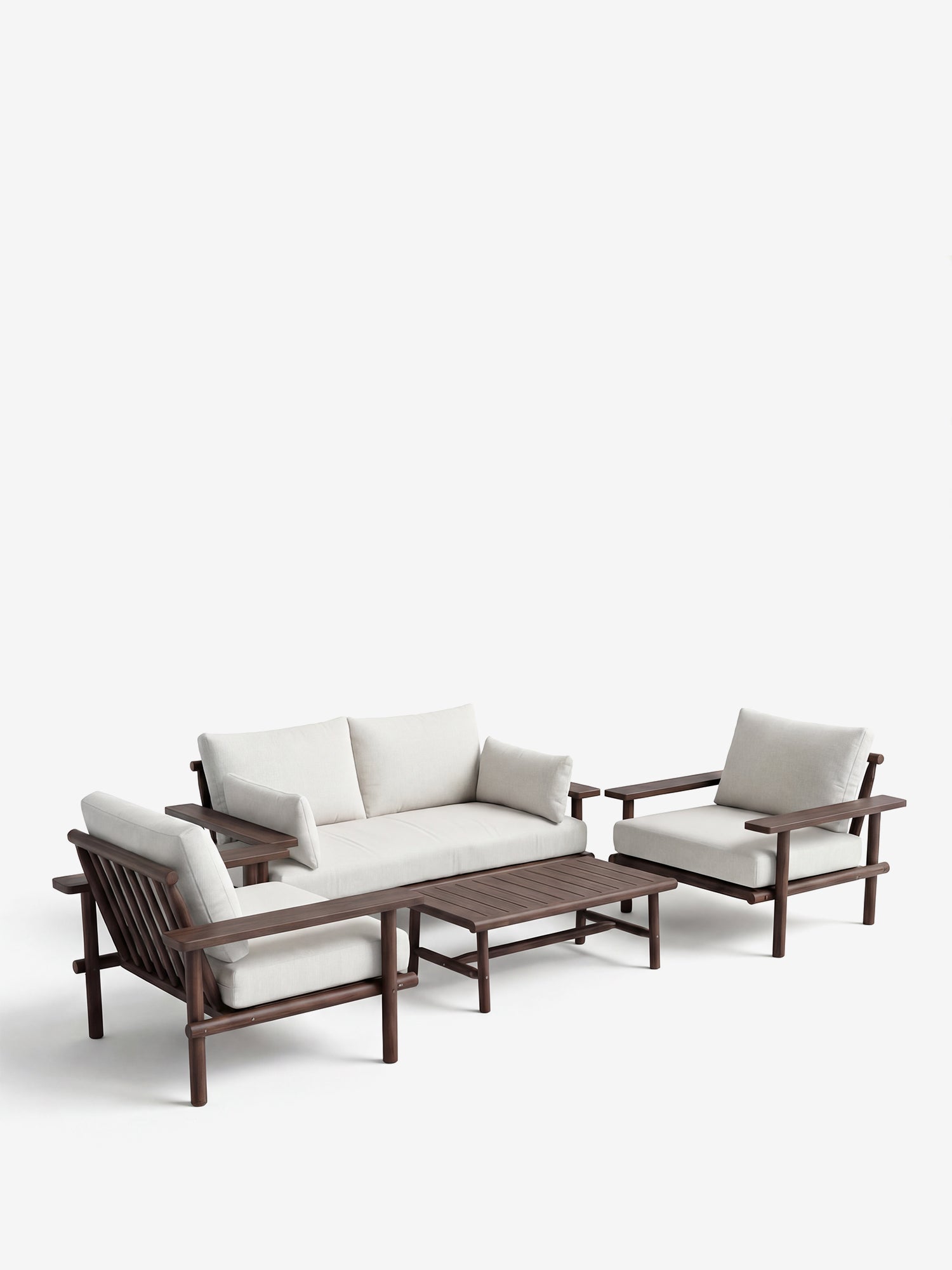 Velar Set de exterior de madera de acacia con cojines color arena - Sofá, 2 sillones y mesa de centro