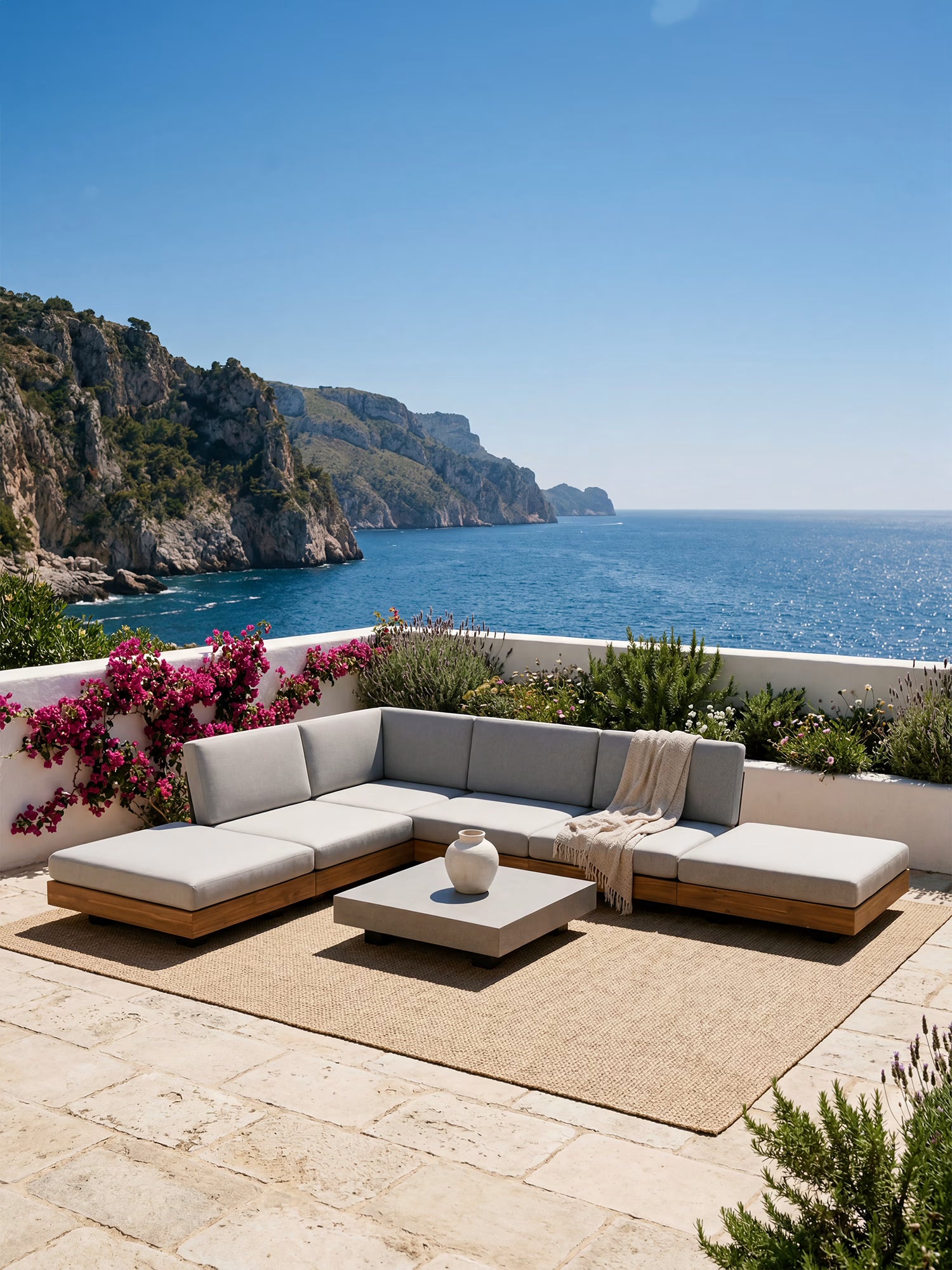 California set lounge angular de exterior modular gris claro con madera de acacia y mesa de centro efecto cemento
