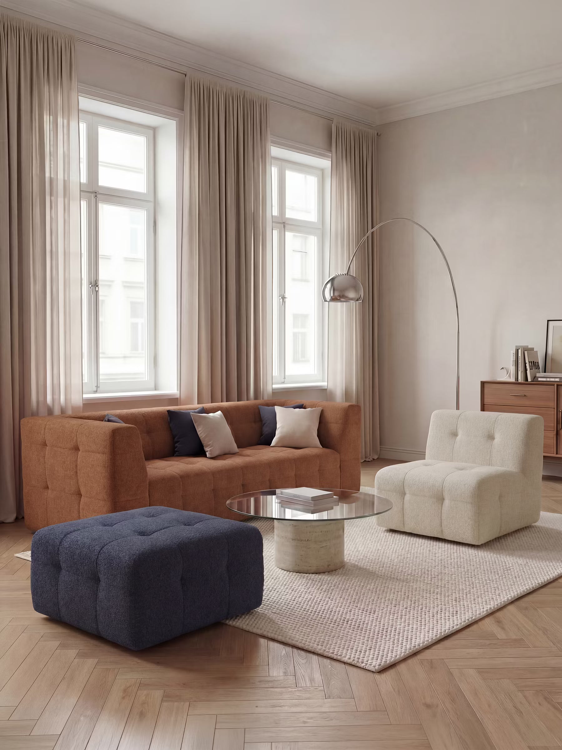 Mosaic puf moderno modular en tela bouclé antimanchas – capitoné y modular