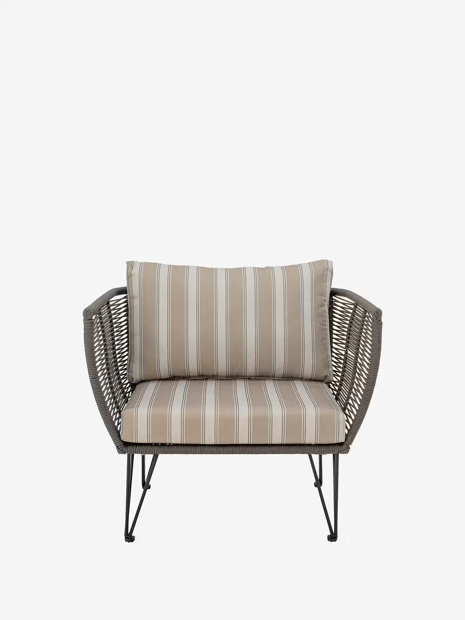 Mundo Outdoor armchair in black metal and green woven rope - striped fabric Mediterranean style
