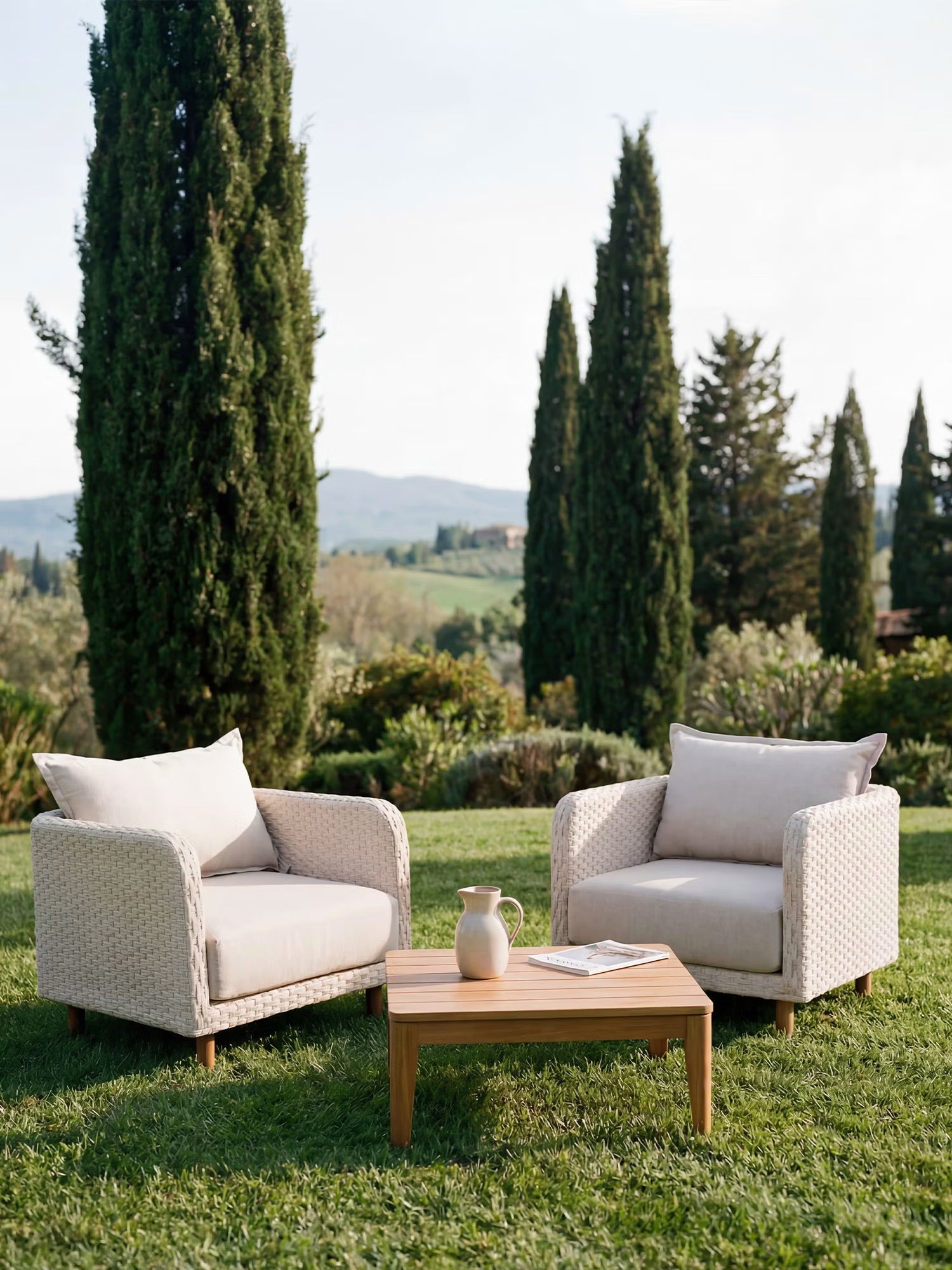 Ares Sillón de exterior de cuerda trenzada y metal blanco roto con cojines Arena