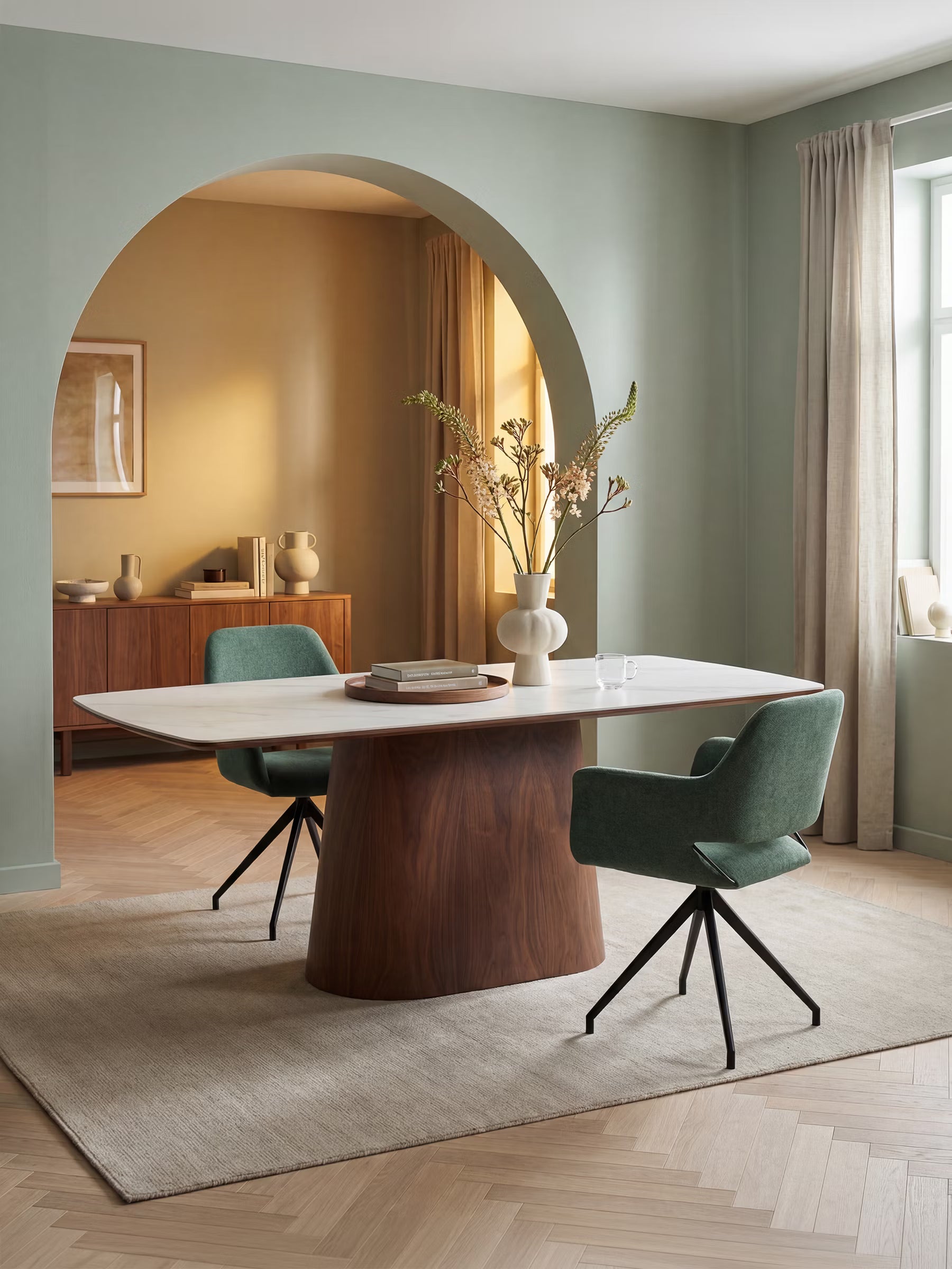Noli Table à manger rectangulaire certifiée FSC® en céramique effet marbre blanc et frêne foncé 200x90 cm