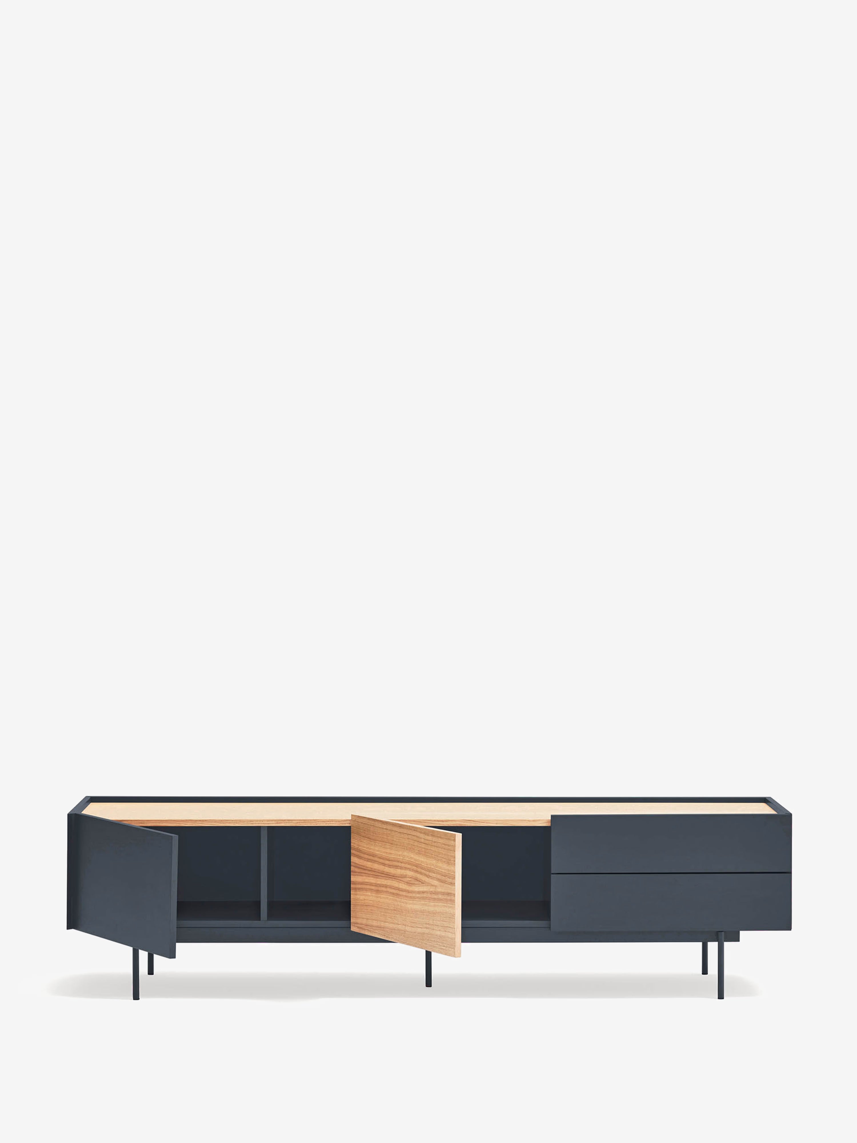 Otto TV-Möbel mit 2 Türen und 2 Schubladen aus Eiche und anthrazitfarbenem Metall 180 x 45 cm