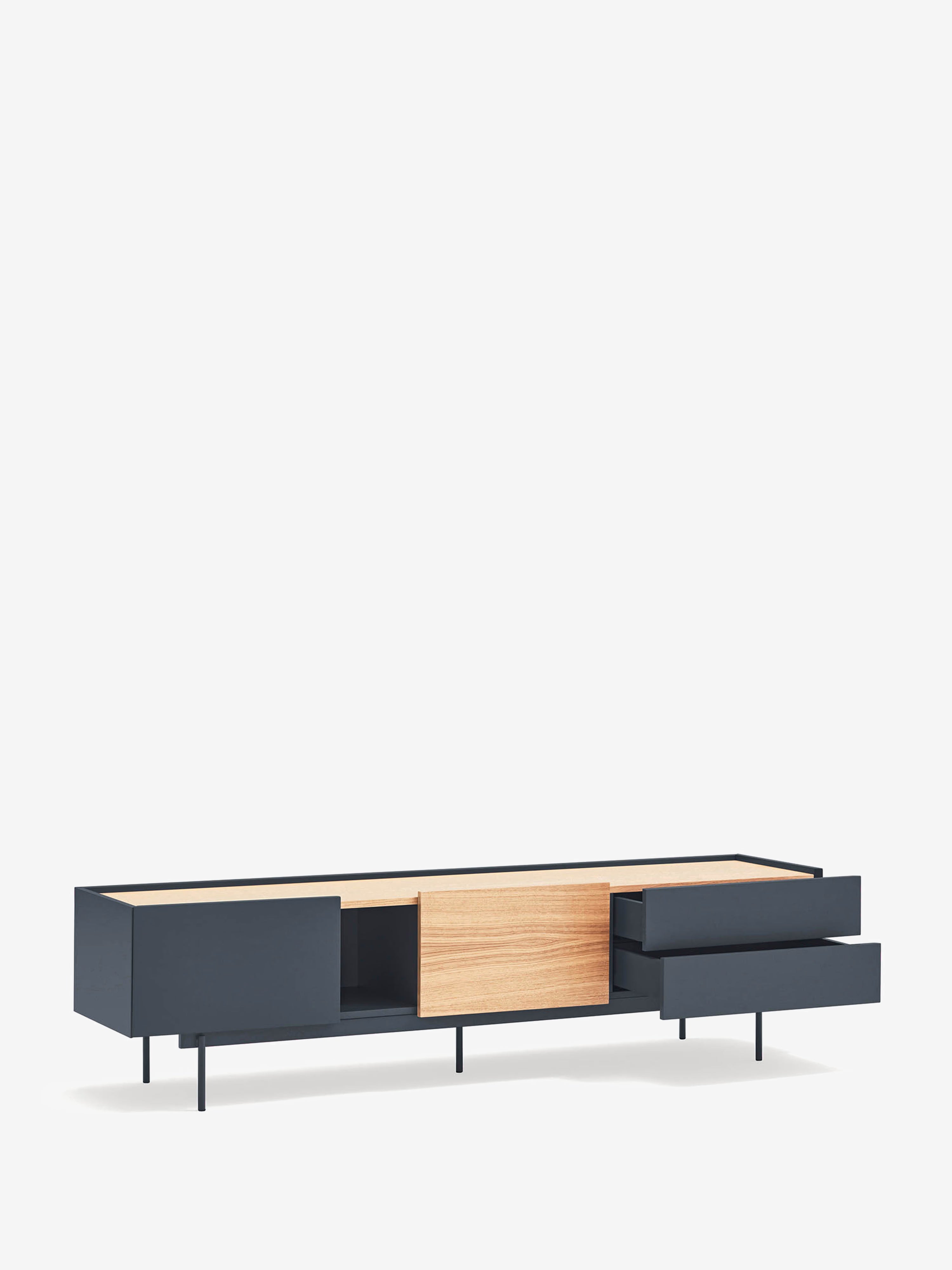 Otto TV-Möbel mit 2 Türen und 2 Schubladen aus Eiche und anthrazitfarbenem Metall 180 x 45 cm
