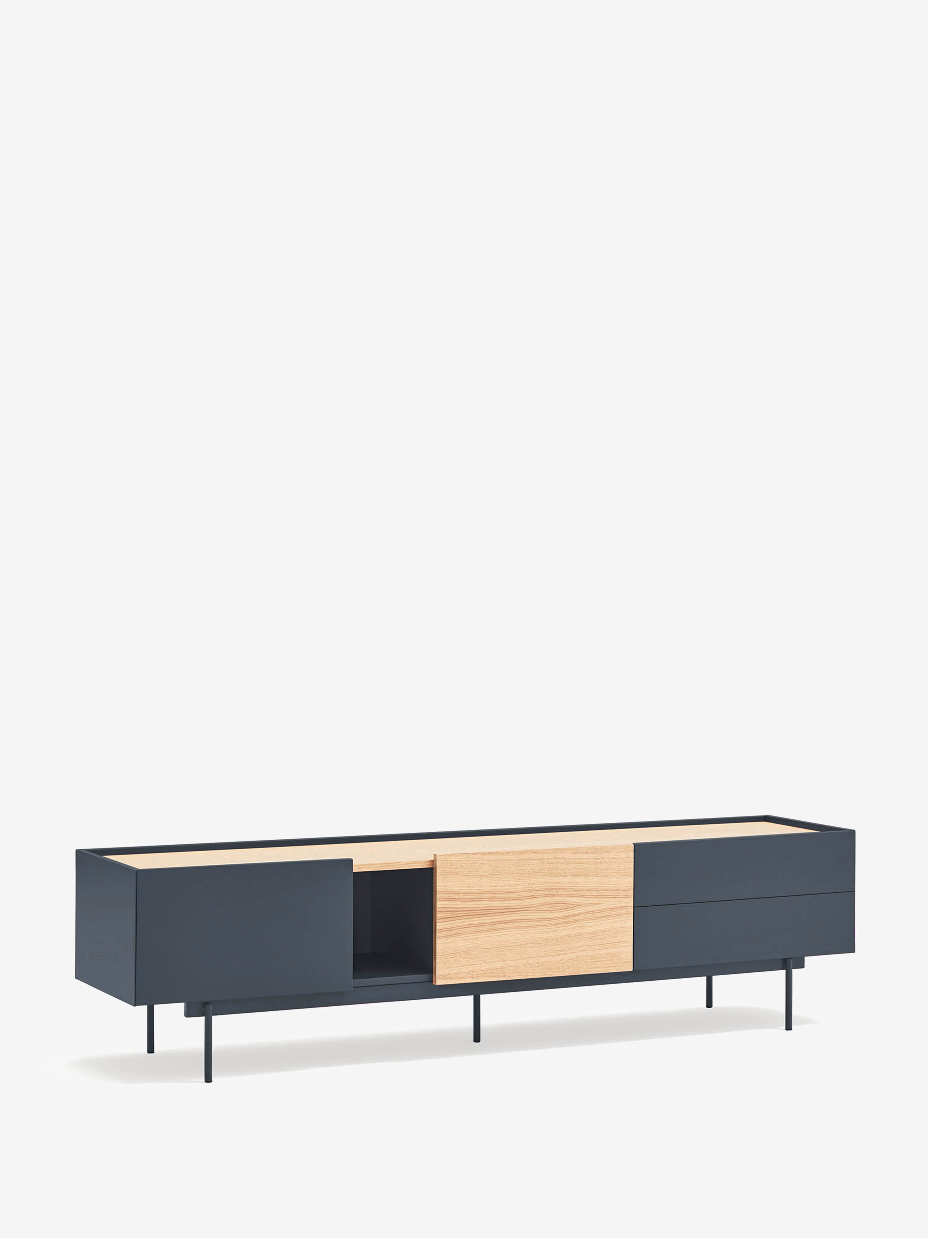 Otto TV-Möbel mit 2 Türen und 2 Schubladen aus Eiche und anthrazitfarbenem Metall 180 x 45 cm