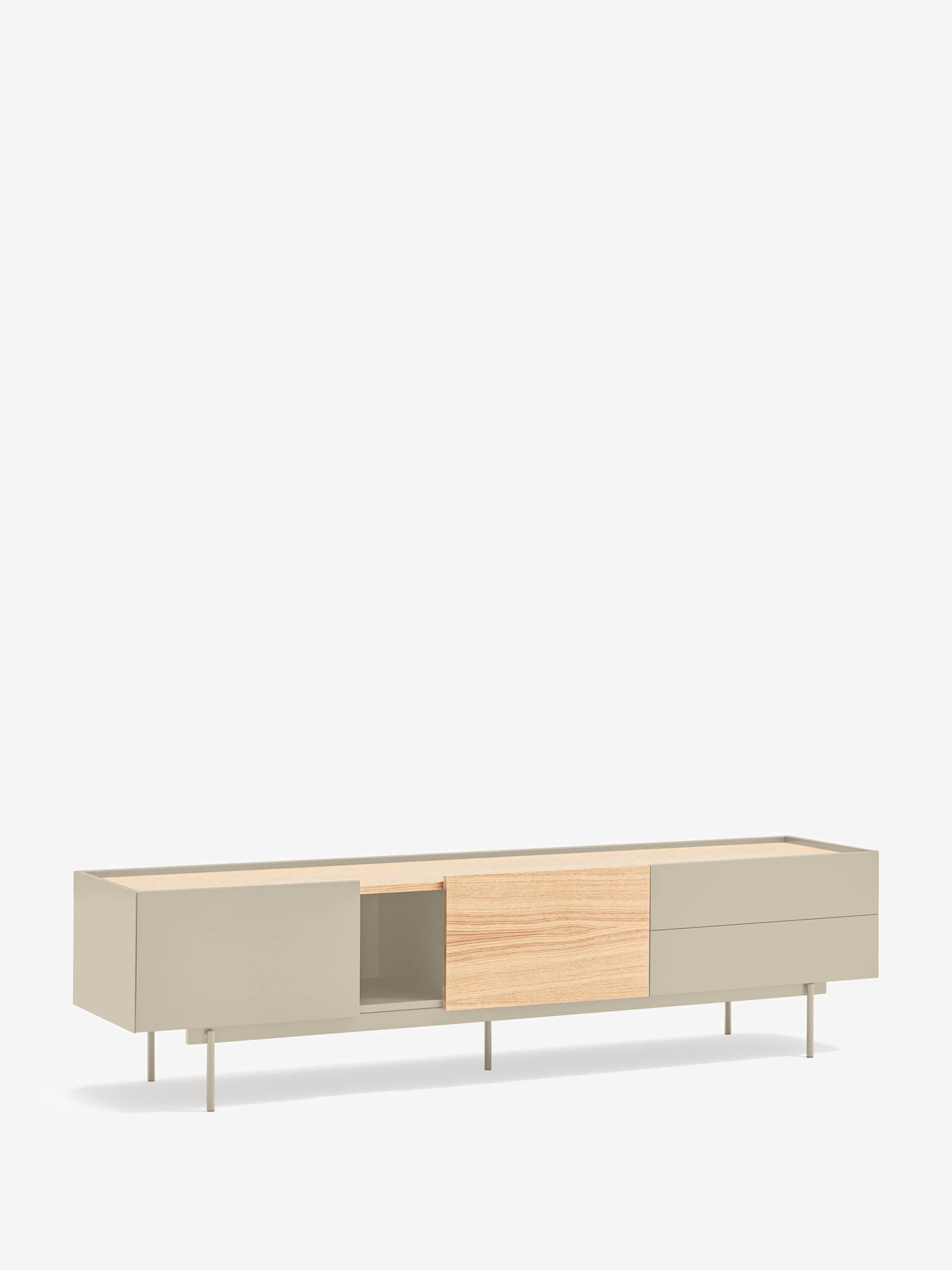 Otto mueble TV con 2 puertas y 2 cajones en roble y metal beige arena 180 x 45 cm