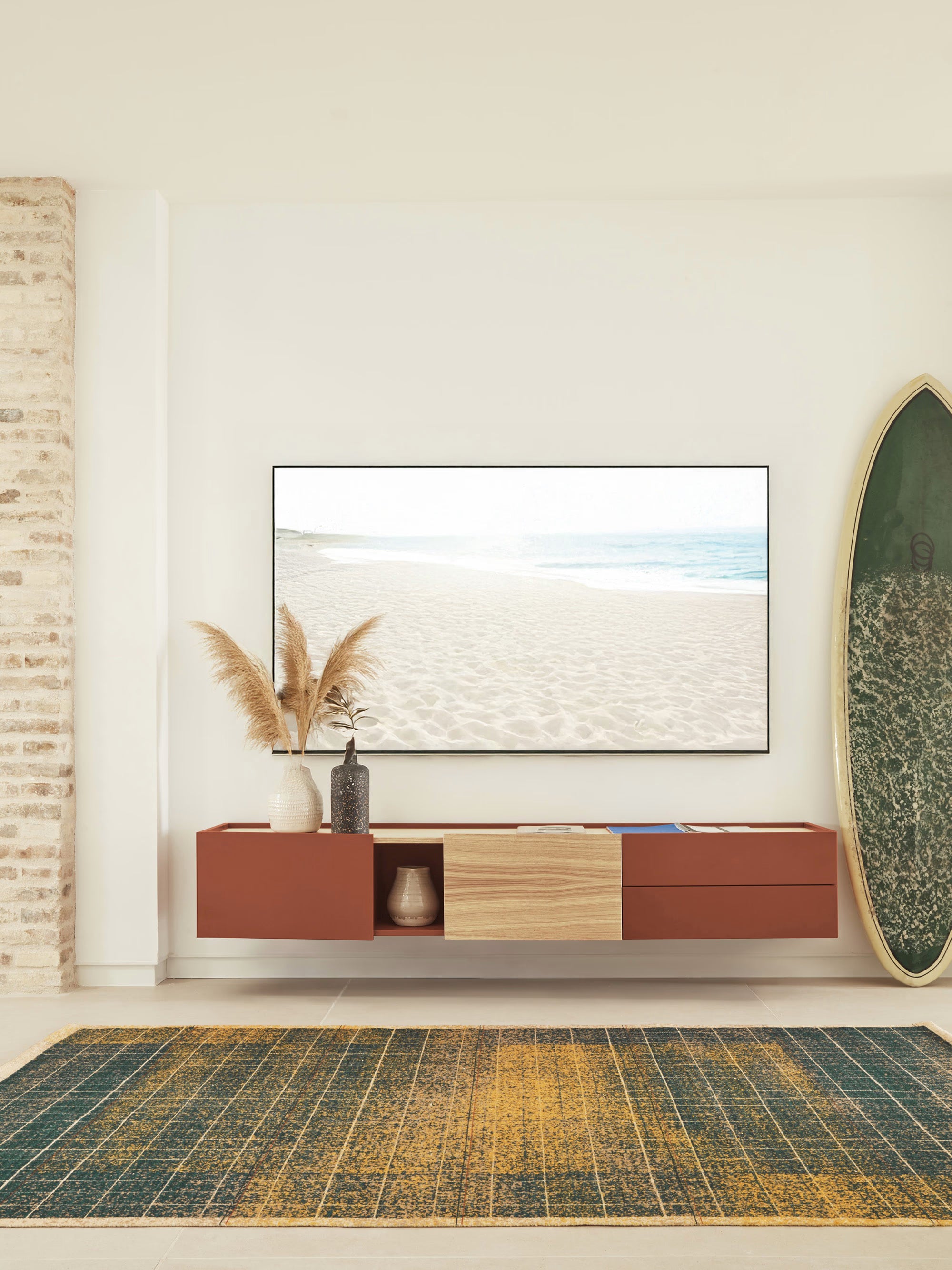 Otto mueble TV con 2 puertas y 2 cajones en roble y metal terracota 180 x 45 cm