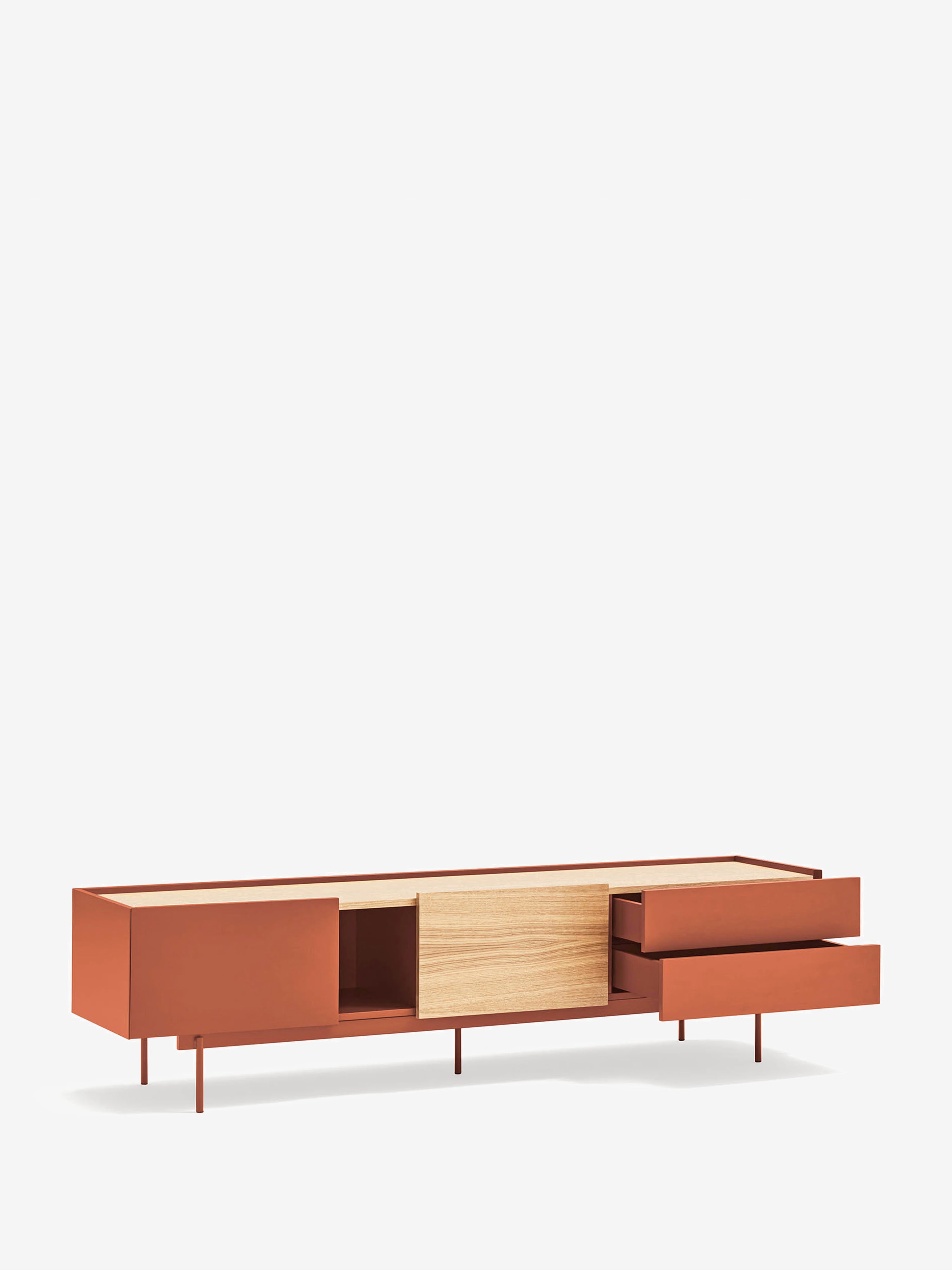 Otto mueble TV con 2 puertas y 2 cajones en roble y metal terracota 180 x 45 cm