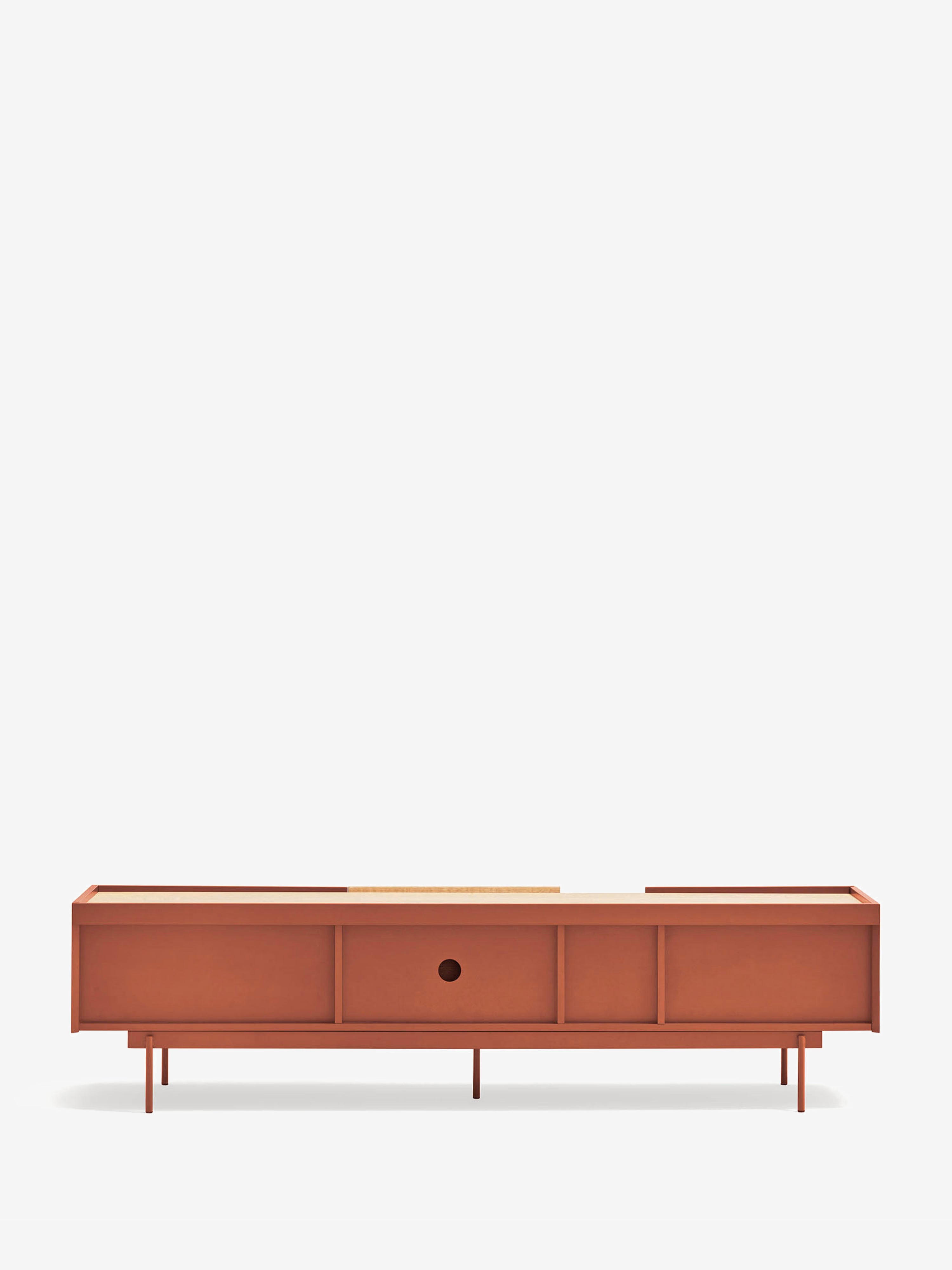 Otto mueble TV con 2 puertas y 2 cajones en roble y metal terracota 180 x 45 cm